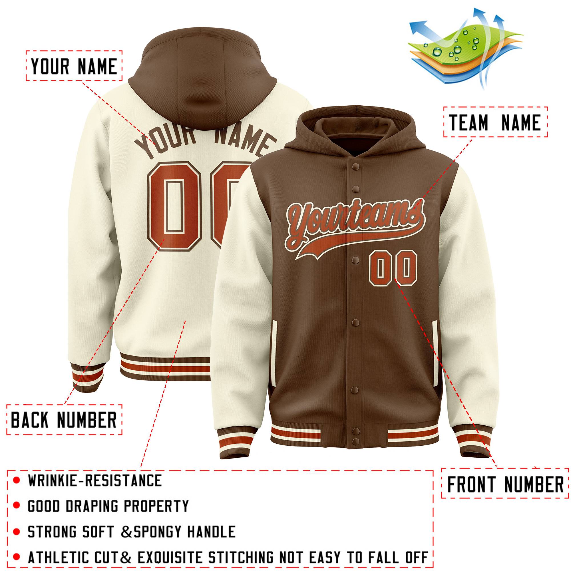 Custom Light Brown Cream Raglan Sleeves Varsity Full-Snap Letterman Two Tone Jacket Hoodie| KXKSHOP