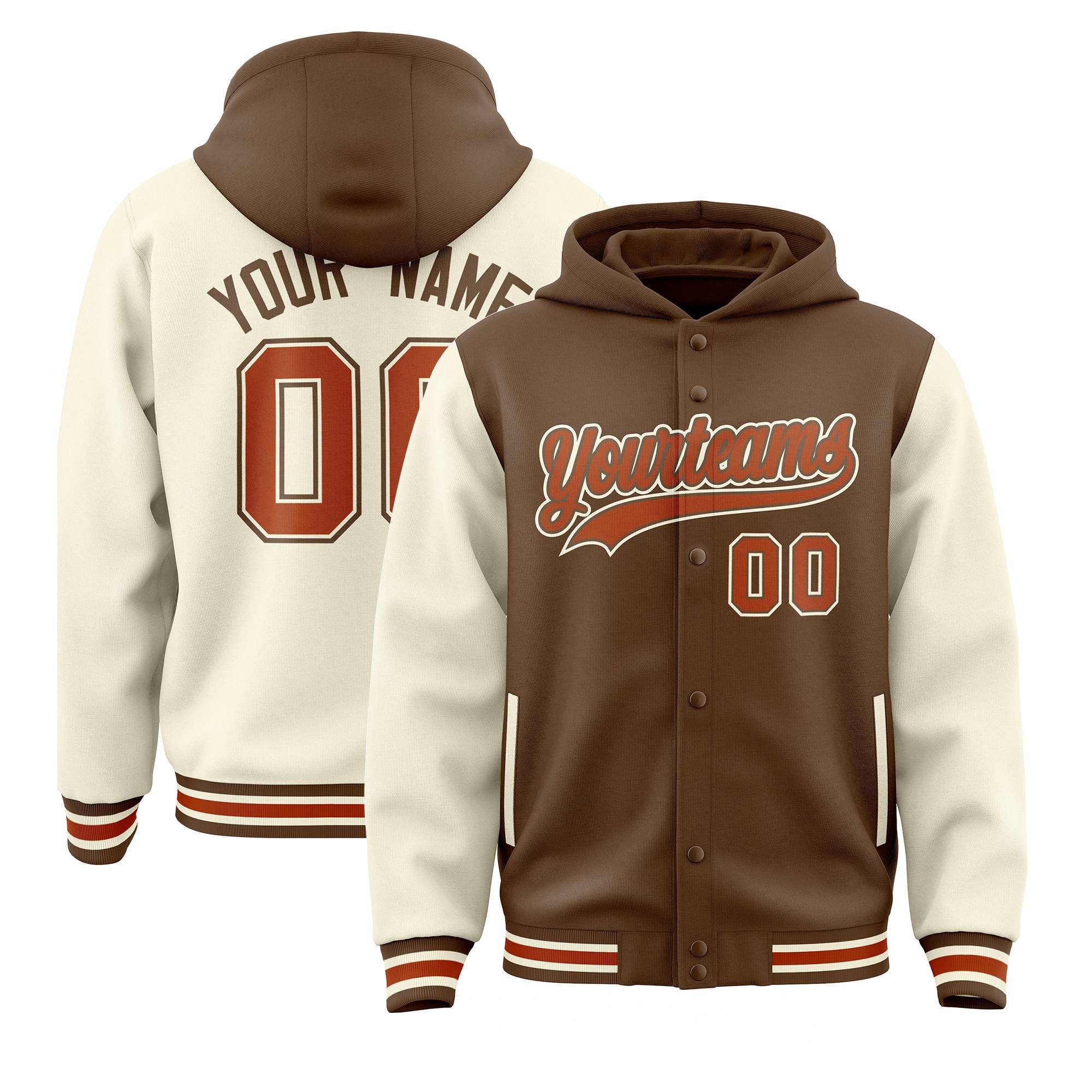 Custom Light Brown Cream Raglan Sleeves Varsity Full-Snap Letterman Two Tone Jacket Hoodie| KXKSHOP