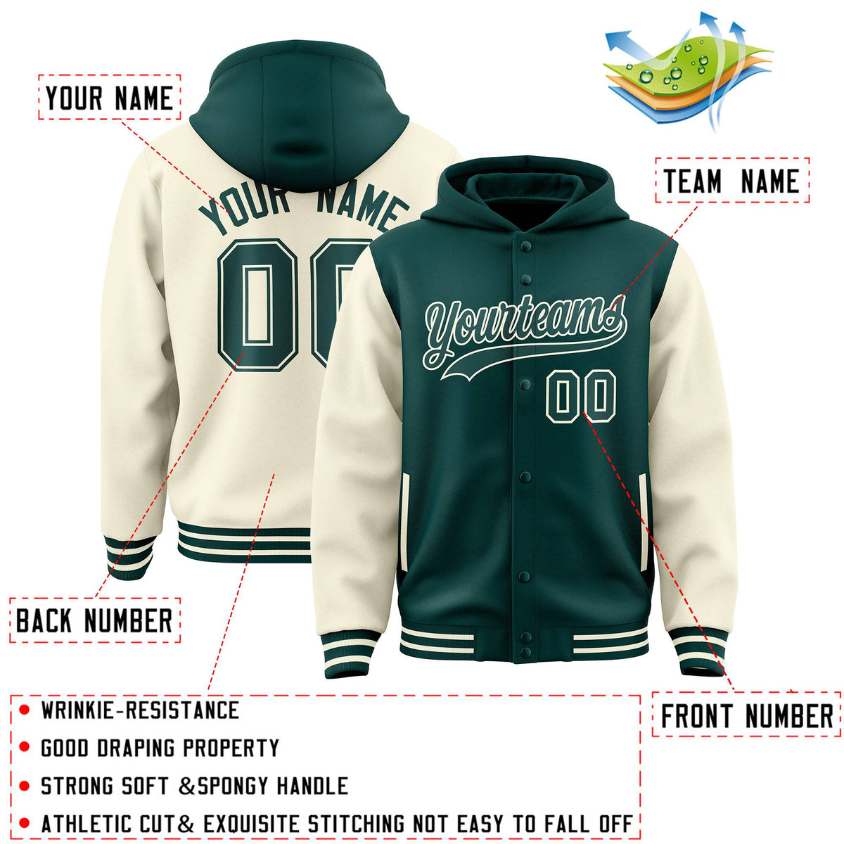 Custom Midnight Green Cream Raglan Sleeves Varsity Full-Snap Letterman Two Tone Jacket Hoodie| KXKSHOP