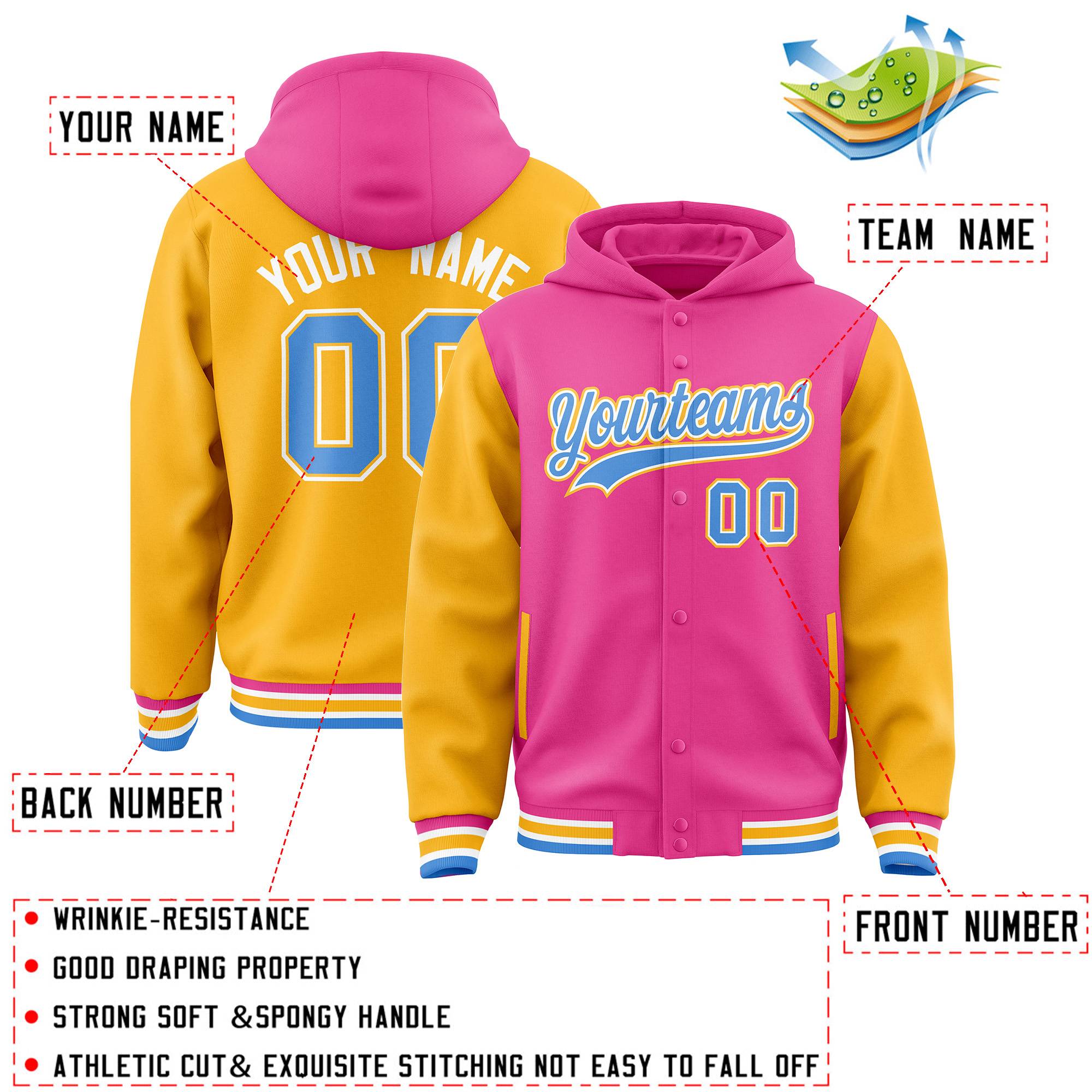 Custom Pink Gold Raglan Sleeves Varsity Full-Snap Letterman Two Tone Jacket Hoodie| KXKSHOP