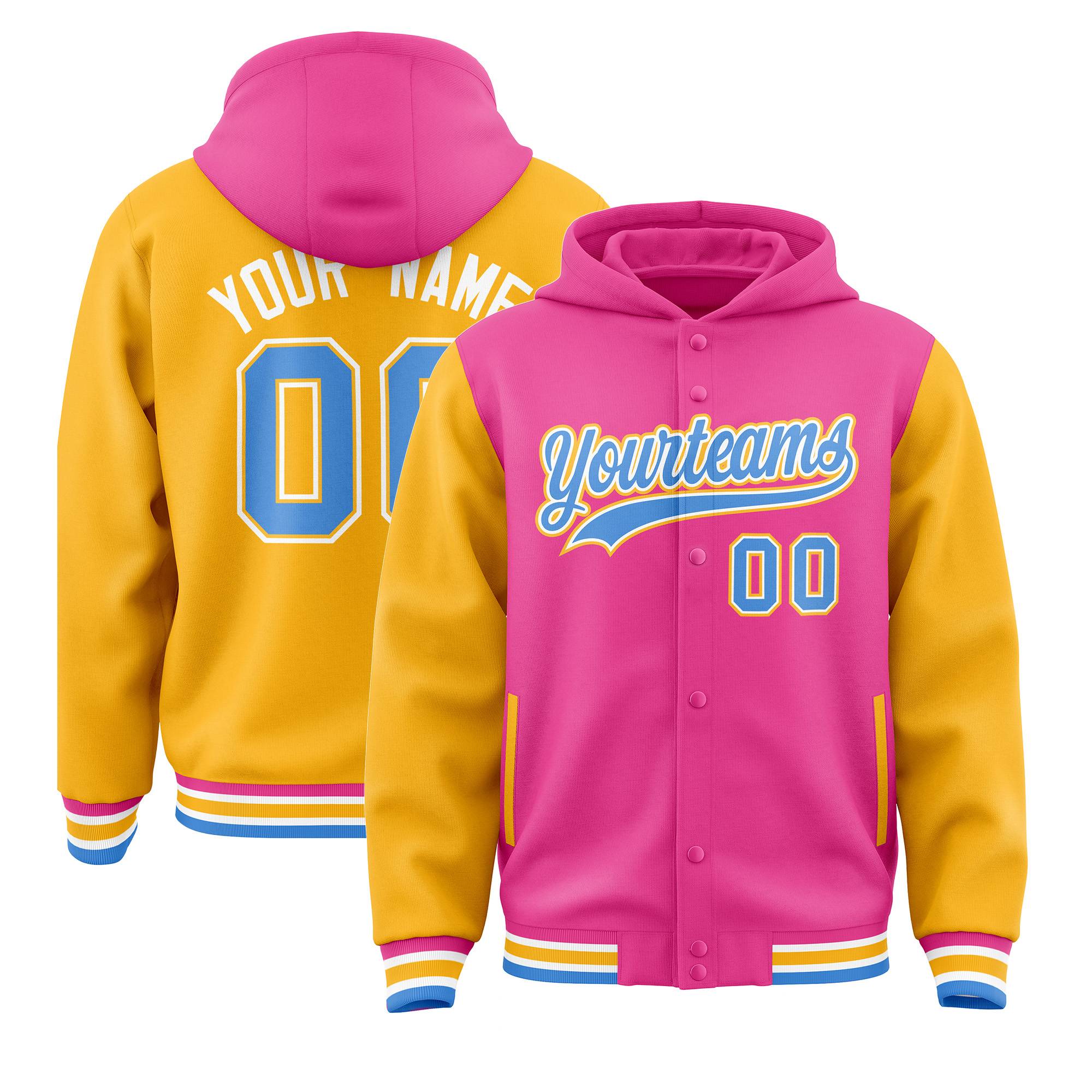 Custom Pink Gold Raglan Sleeves Varsity Full-Snap Letterman Two Tone Jacket Hoodie| KXKSHOP