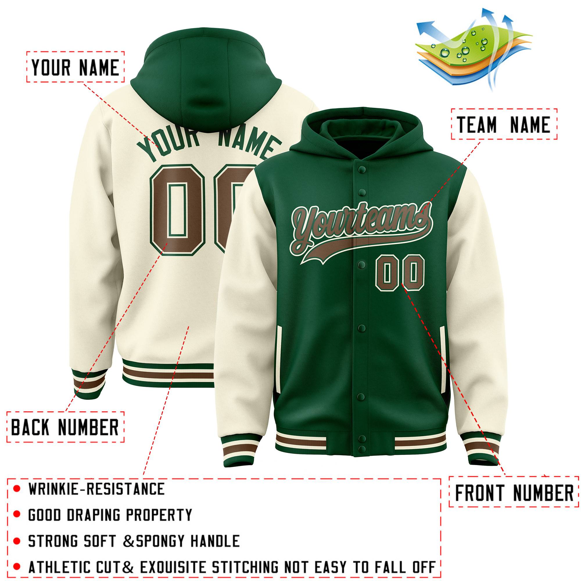 Custom Green Cream Raglan Sleeves Varsity Full-Snap Letterman Two Tone Jacket Hoodie| KXKSHOP