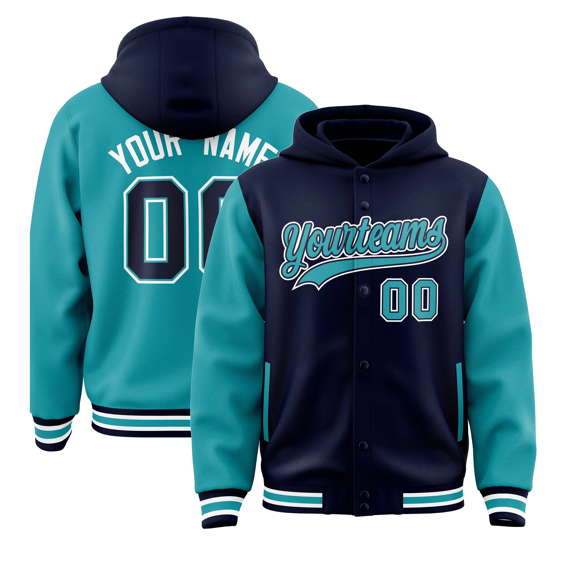 Custom Navy Aqua Raglan Sleeves Varsity Full-Snap Letterman Two Tone Jacket Hoodie| KXKSHOP