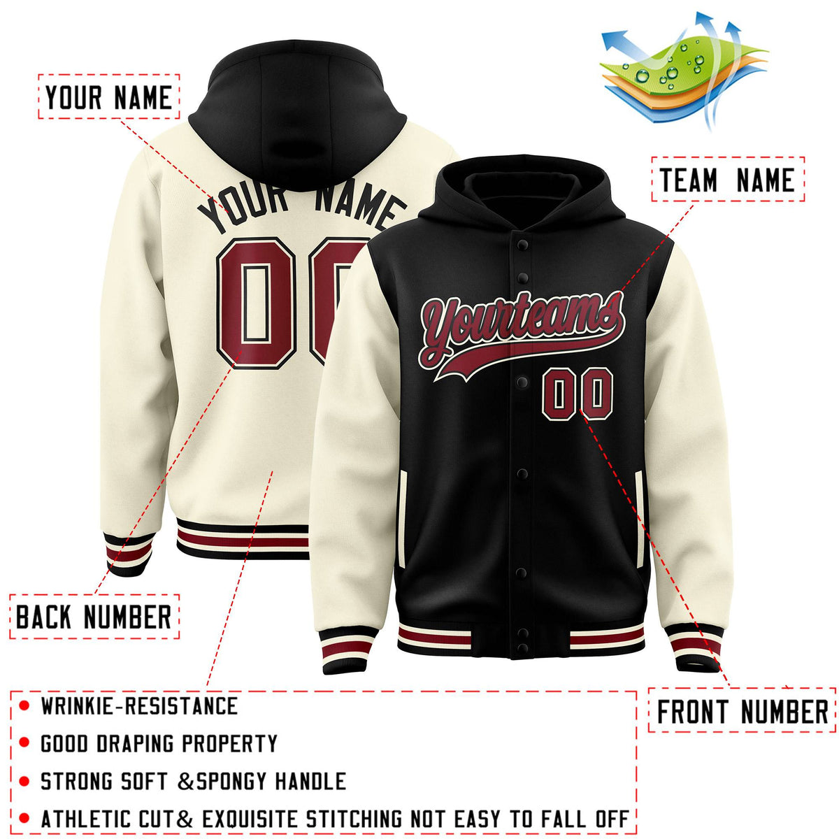 Custom Black Cream Raglan Sleeves Varsity Full-Snap Letterman Two Tone Jacket Hoodie| KXKSHOP