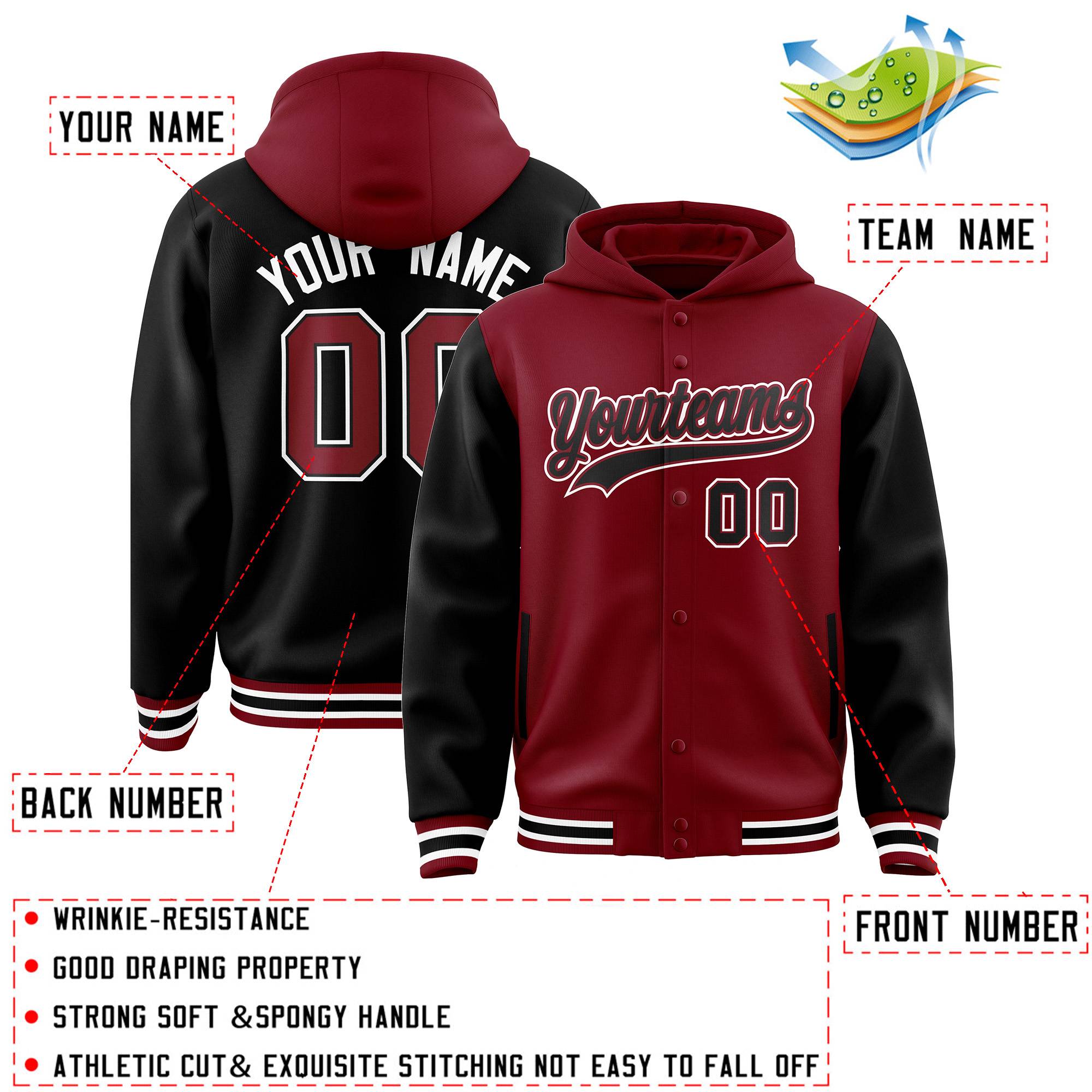 Custom Crimson Black Raglan Sleeves Varsity Full-Snap Letterman Two Tone Jacket Hoodie| KXKSHOP