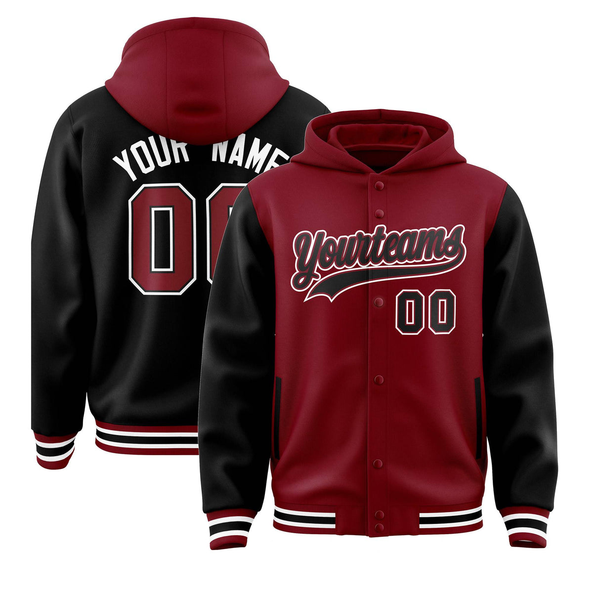 Custom Crimson Black Raglan Sleeves Varsity Full-Snap Letterman Two Tone Jacket Hoodie| KXKSHOP