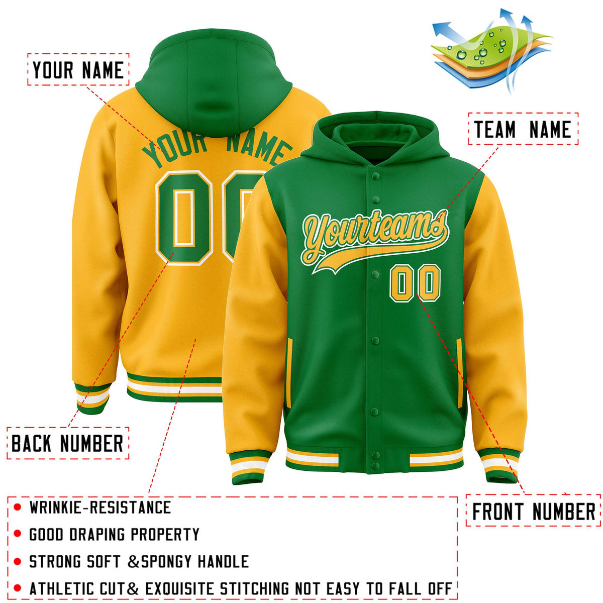 Custom Kelly Green Gold Raglan Sleeves Varsity Full-Snap Letterman Two Tone Jacket Hoodie| KXKSHOP