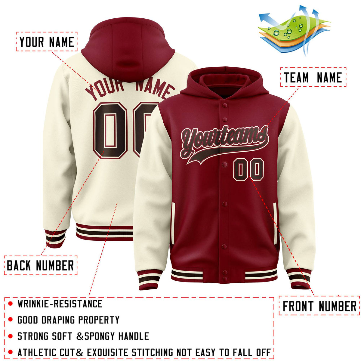 Custom Crimson Cream Raglan Sleeves Varsity Full-Snap Letterman Two Tone Jacket Hoodie| KXKSHOP