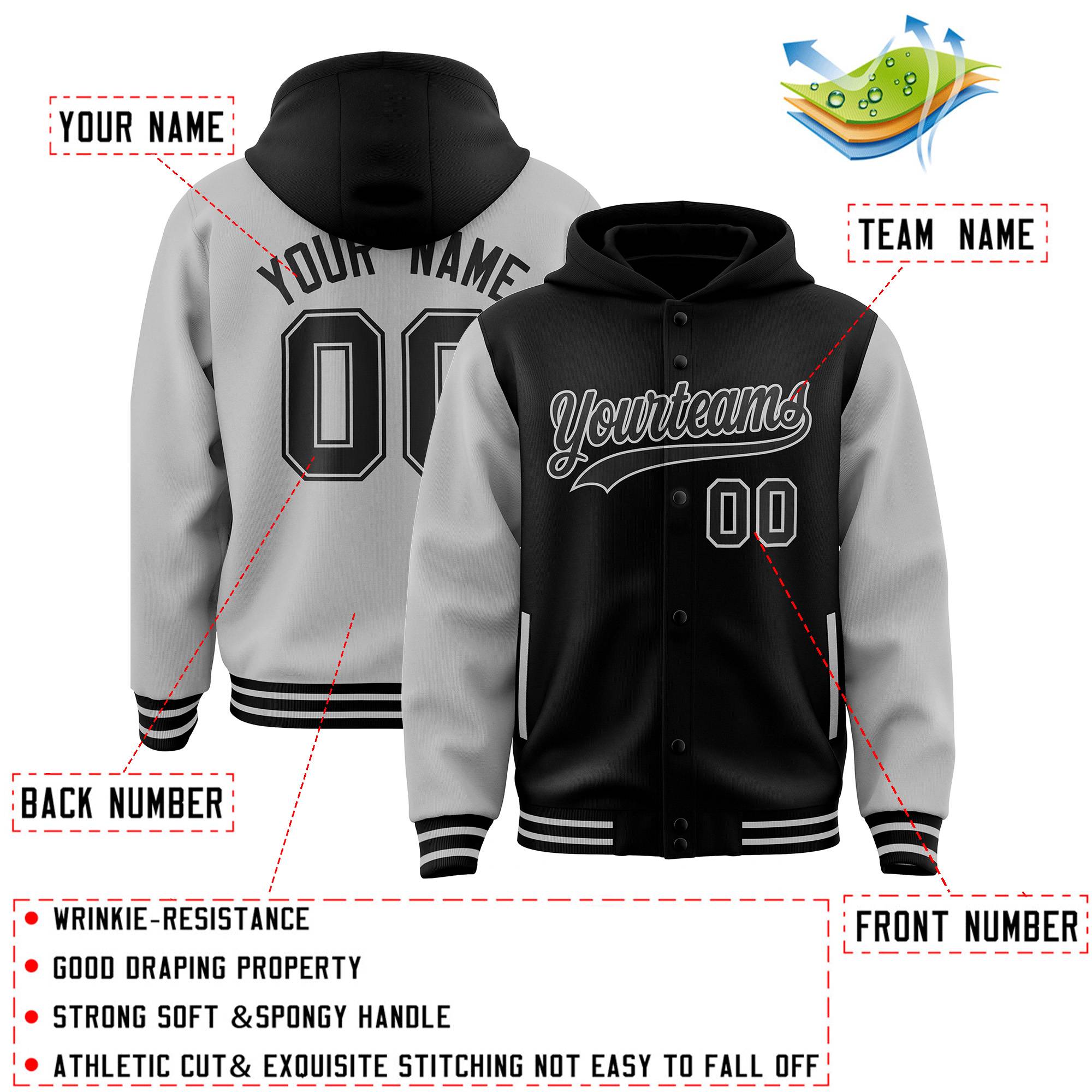 Custom Black Gray Raglan Sleeves Varsity Full-Snap Letterman Two Tone Jacket Hoodie| KXKSHOP