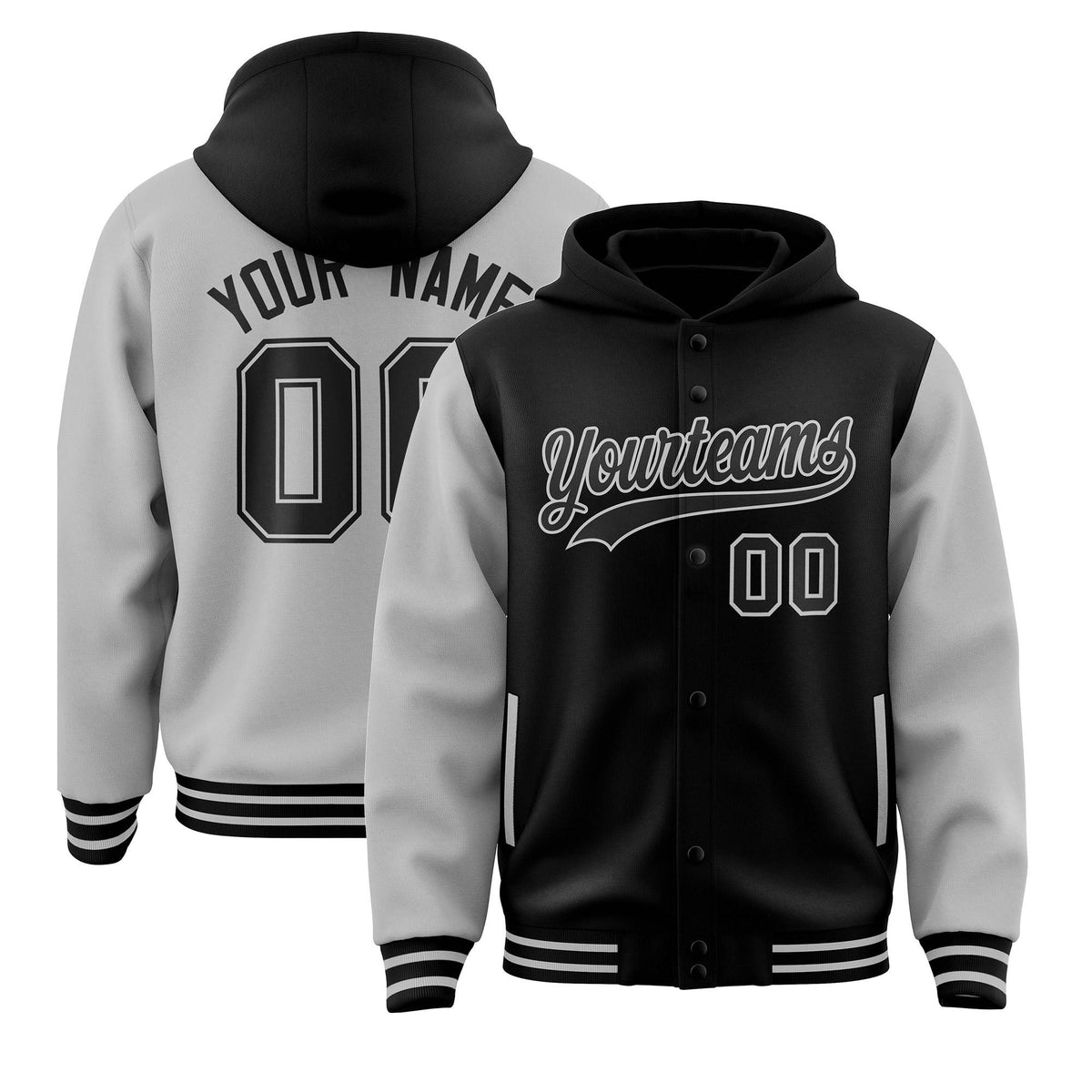 Custom Black Gray Raglan Sleeves Varsity Full-Snap Letterman Two Tone Jacket Hoodie| KXKSHOP