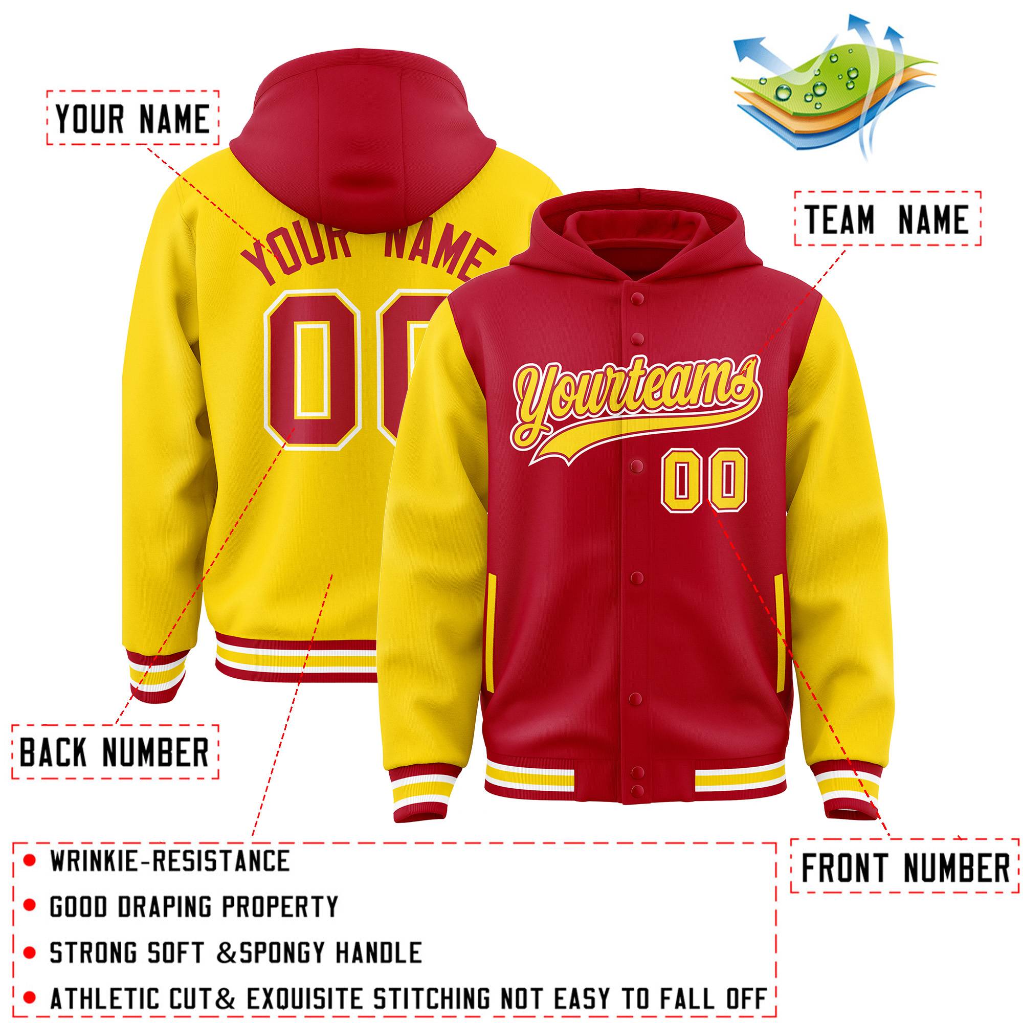 Custom Red Gold Raglan Sleeves Varsity Full-Snap Letterman Two Tone Jacket Hoodie| KXKSHOP
