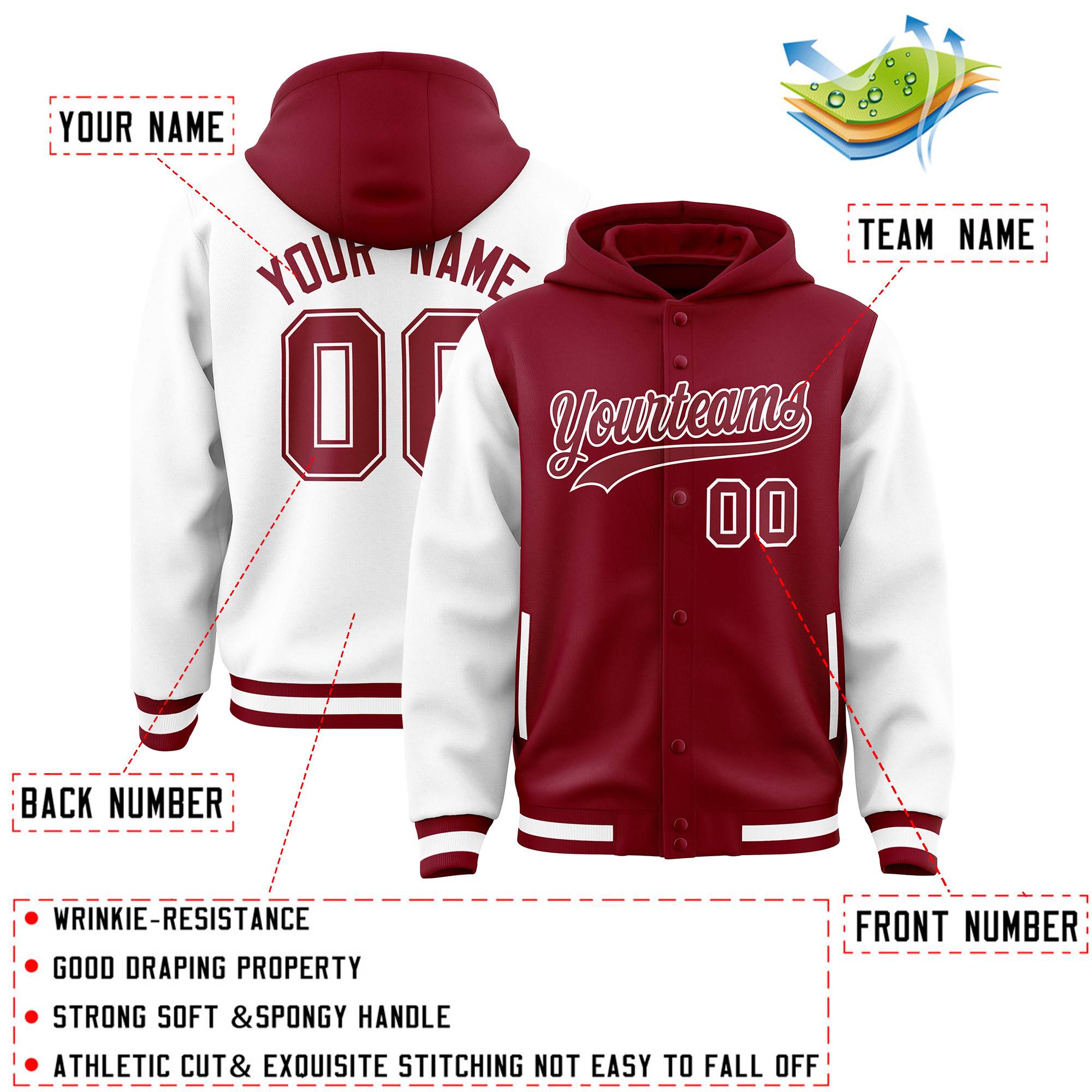 Custom Crimson White Raglan Sleeves Varsity Full-Snap Letterman Two Tone Jacket Hoodie| KXKSHOP