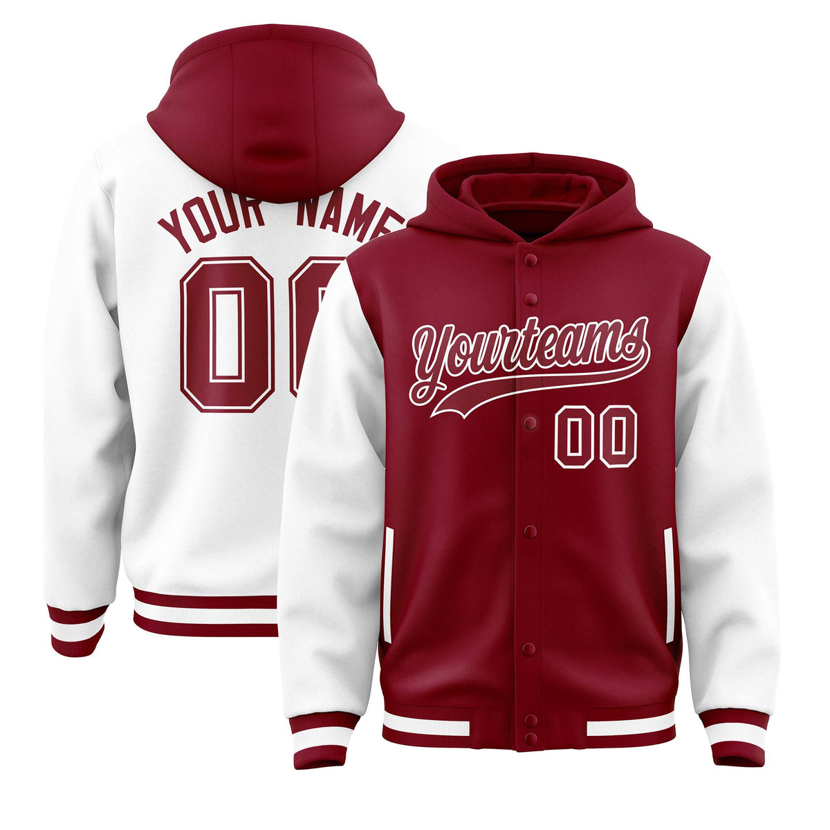 Custom Crimson White Raglan Sleeves Varsity Full-Snap Letterman Two Tone Jacket Hoodie| KXKSHOP