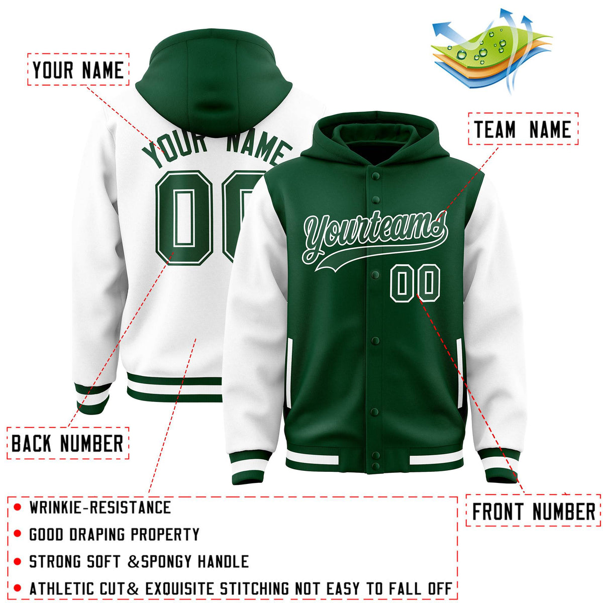 Custom Green White Raglan Sleeves Varsity Full-Snap Letterman Two Tone Jacket Hoodie| KXKSHOP