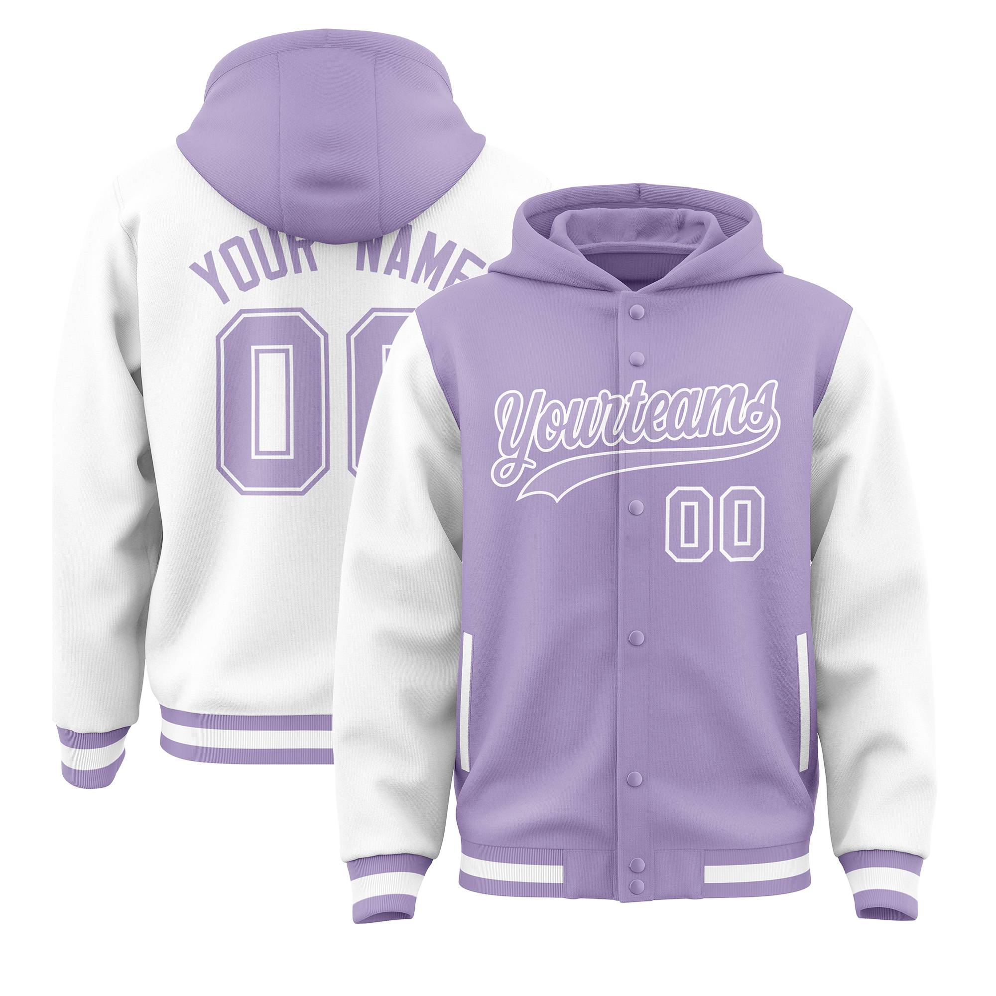 Custom Light Purple White Raglan Sleeves Varsity Full-Snap Letterman Two Tone Jacket Hoodie| KXKSHOP