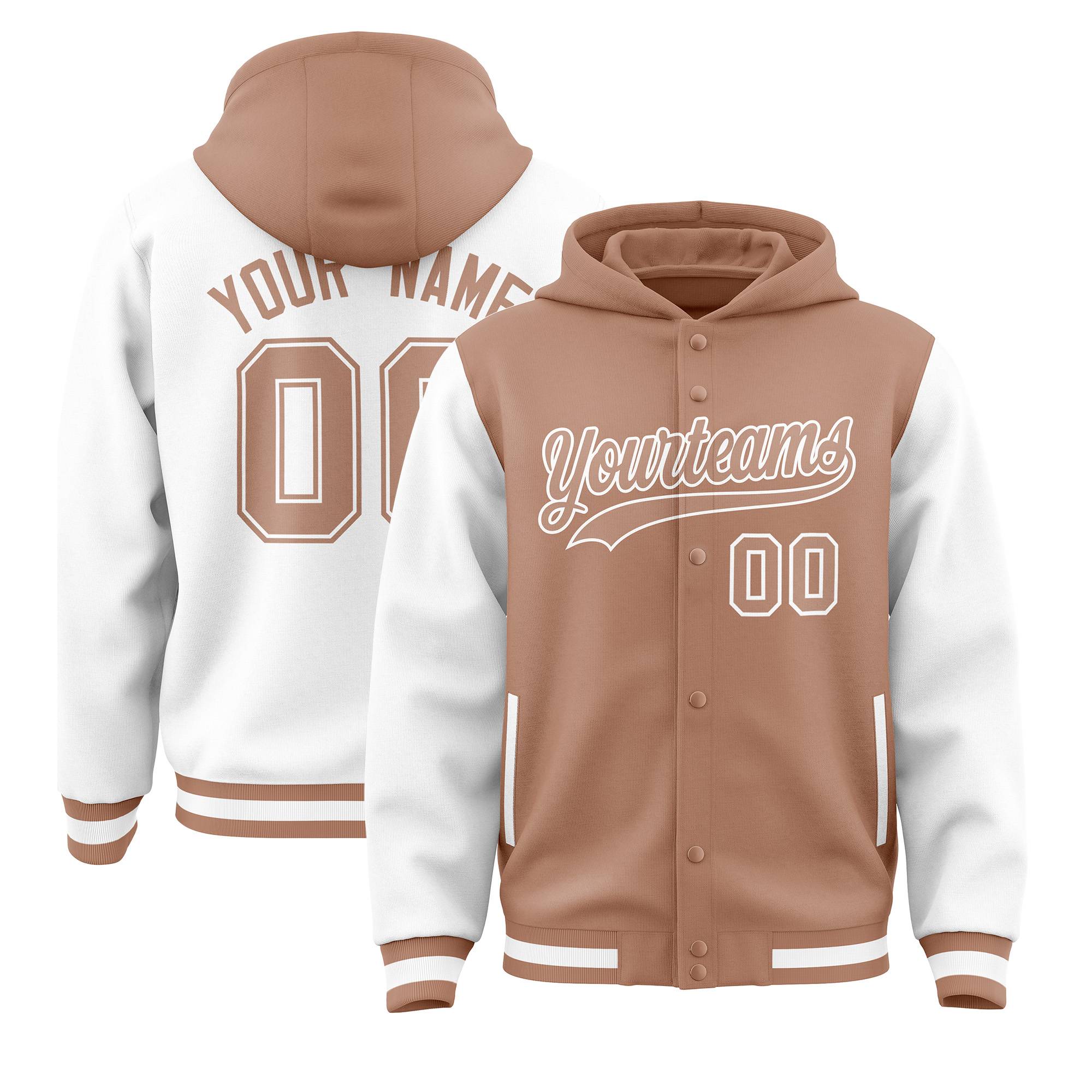 Custom Light Brown White Raglan Sleeves Varsity Full-Snap Letterman Two Tone Jacket Hoodie| KXKSHOP