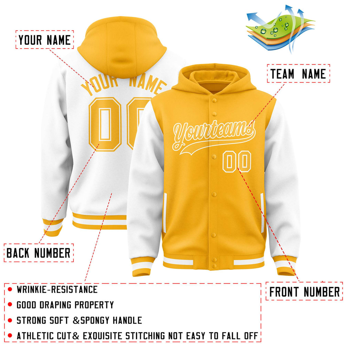 Custom Gold White Raglan Sleeves Varsity Full-Snap Letterman Two Tone Jacket Hoodie| KXKSHOP