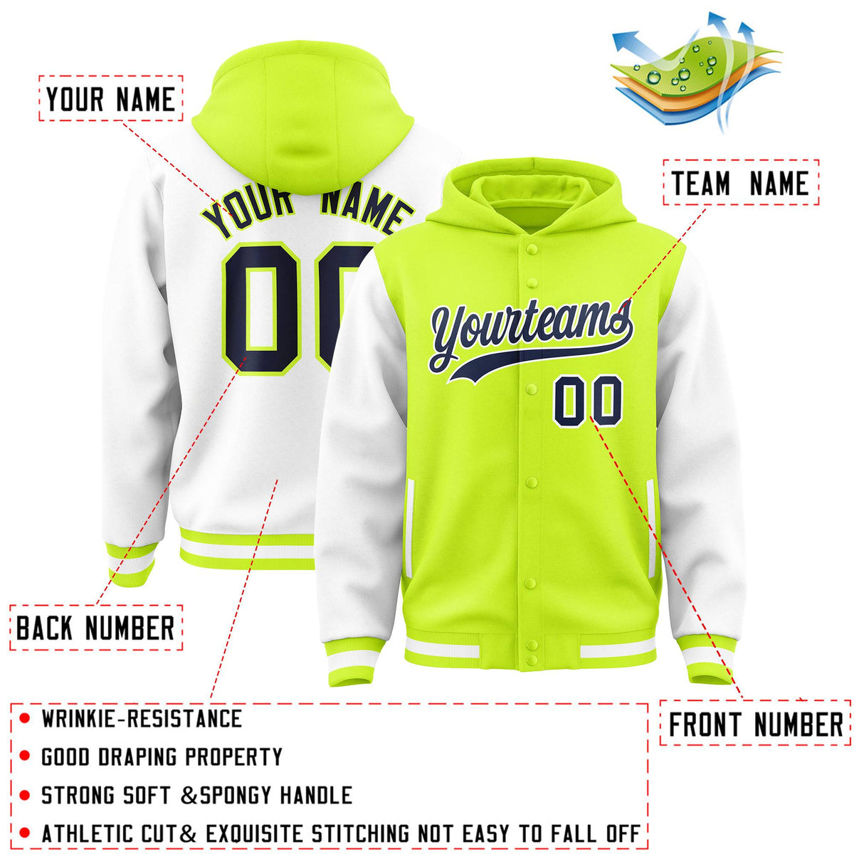 Custom Neon Green White Raglan Sleeves Varsity Full-Snap Letterman Two Tone Jacket Hoodie| KXKSHOP