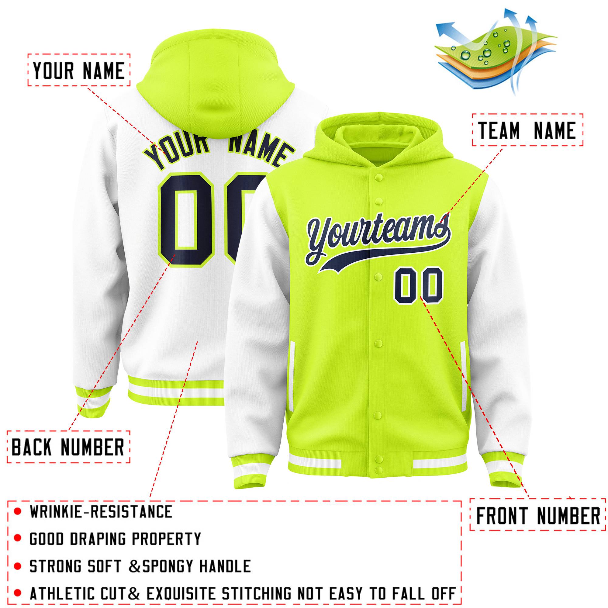 Custom Neon Green White Raglan Sleeves Varsity Full-Snap Letterman Two Tone Jacket Hoodie| KXKSHOP