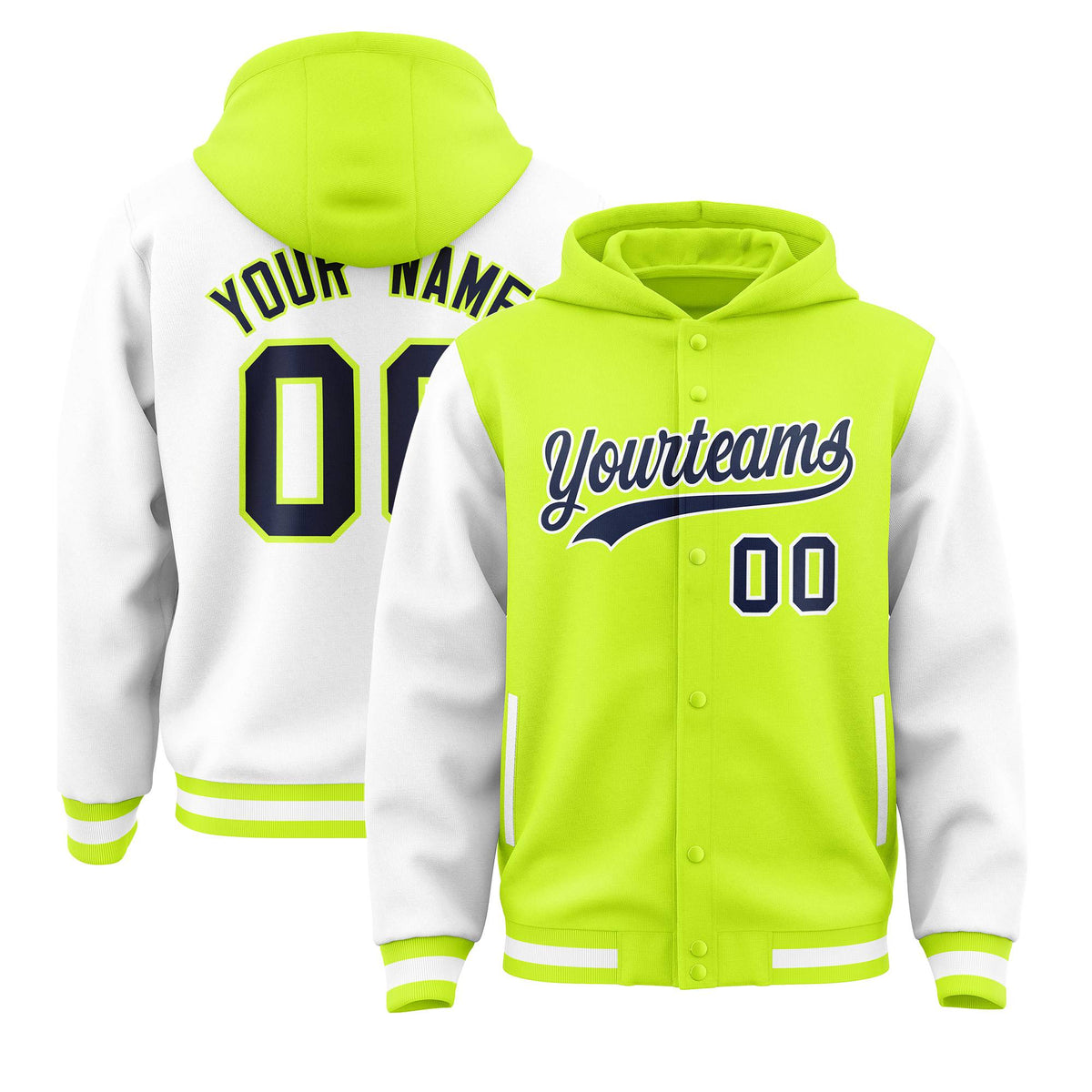Custom Neon Green White Raglan Sleeves Varsity Full-Snap Letterman Two Tone Jacket Hoodie| KXKSHOP