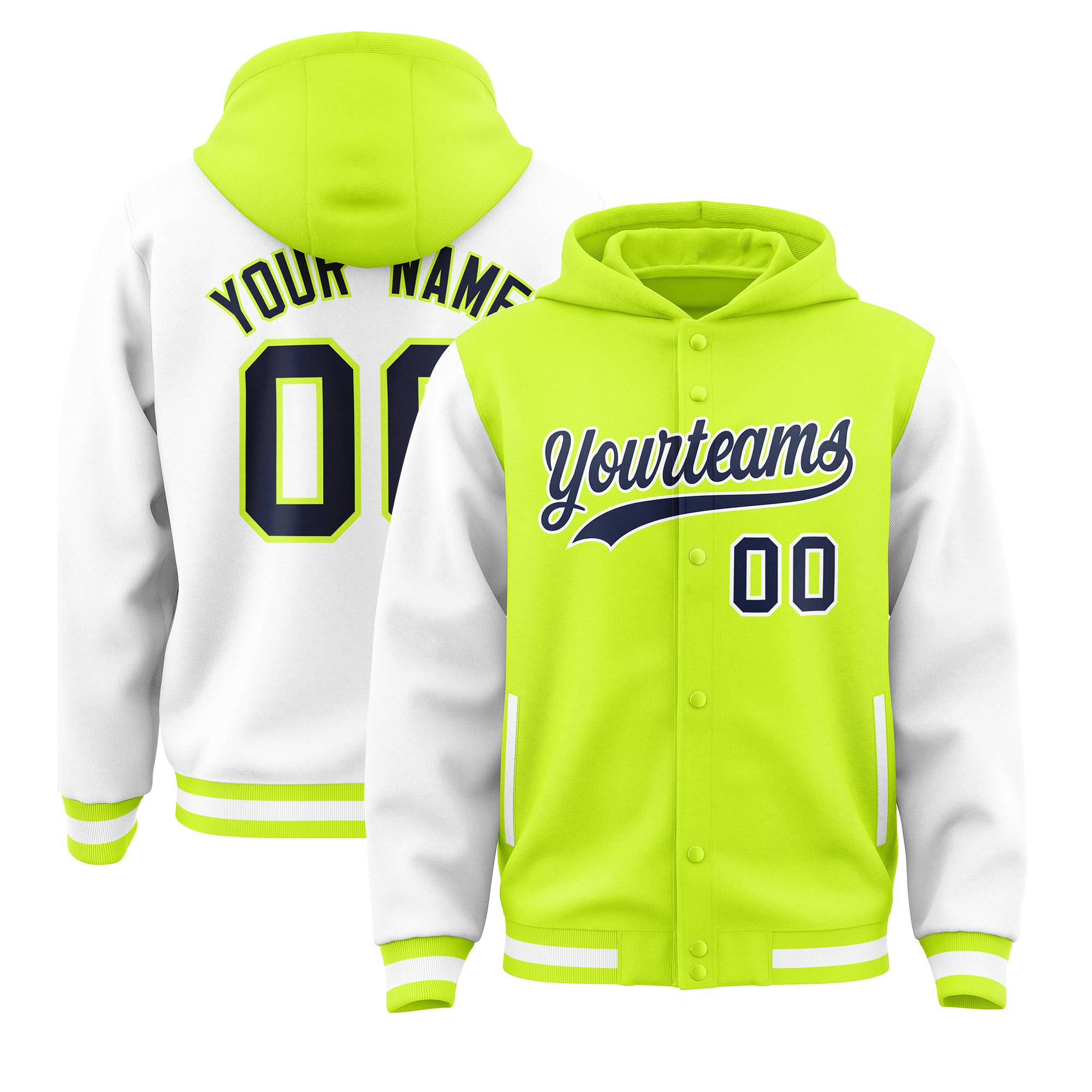 Custom Neon Green White Raglan Sleeves Varsity Full-Snap Letterman Two Tone Jacket Hoodie| KXKSHOP