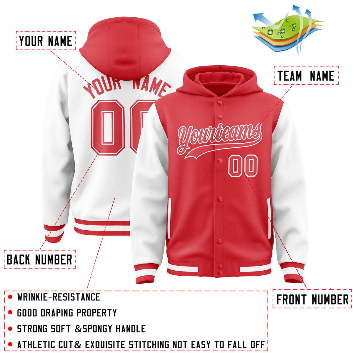 Custom Light Red White Raglan Sleeves Varsity Full-Snap Letterman Two Tone Jacket Hoodie| KXKSHOP