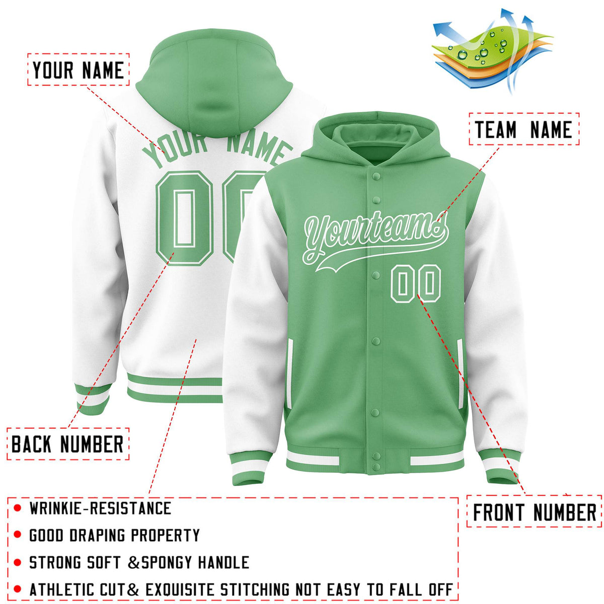 Custom Green White Raglan Sleeves Varsity Full-Snap Letterman Two Tone Jacket Hoodie| KXKSHOP