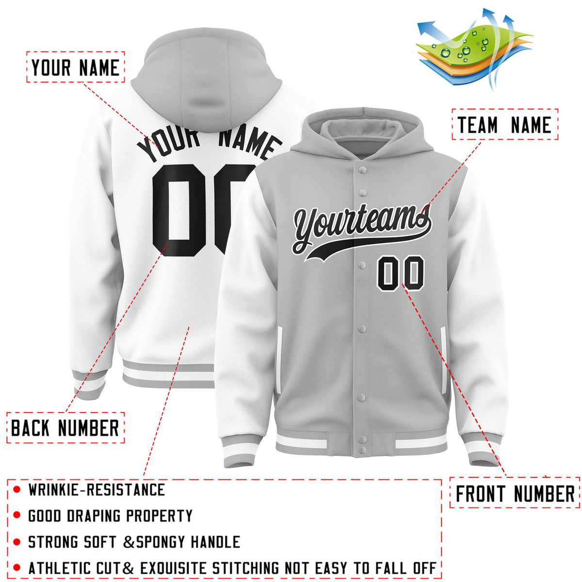 Custom Gray White Raglan Sleeves Varsity Full-Snap Letterman Two Tone Jacket Hoodie| KXKSHOP