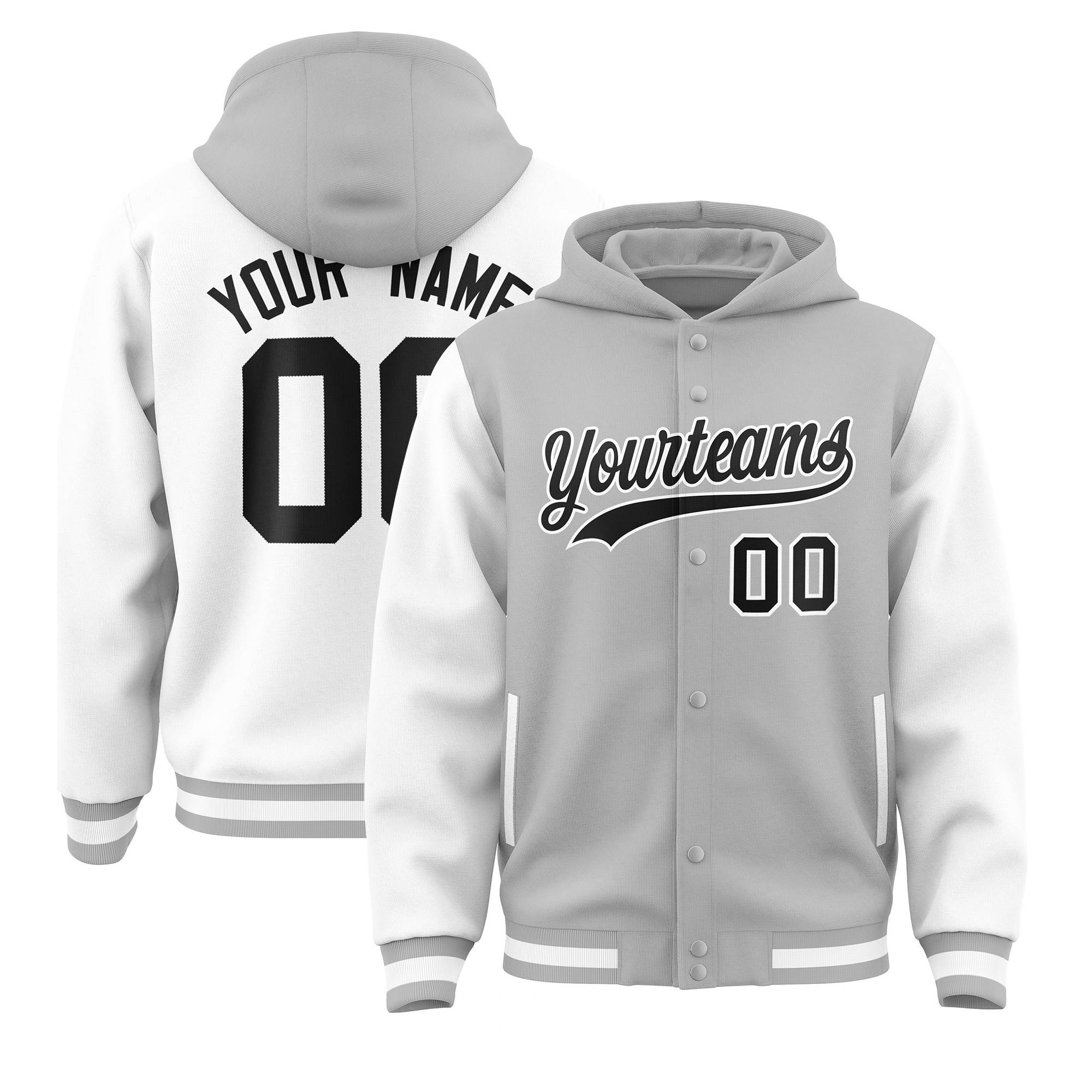 Custom Gray White Raglan Sleeves Varsity Full-Snap Letterman Two Tone Jacket Hoodie| KXKSHOP