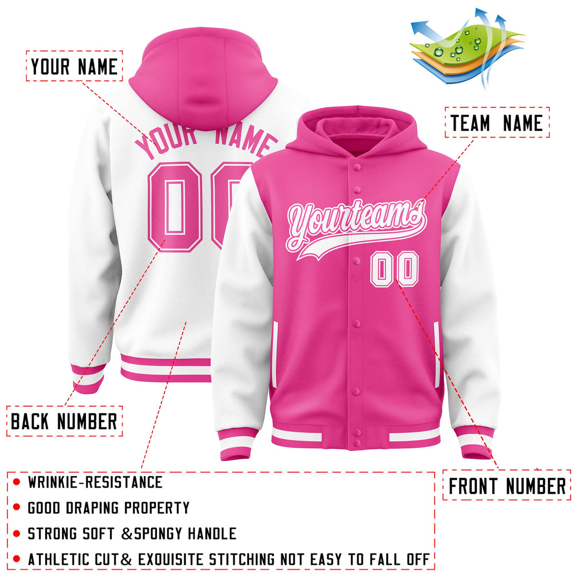 Custom Pink White Raglan Sleeves Varsity Full-Snap Letterman Two Tone Jacket Hoodie| KXKSHOP