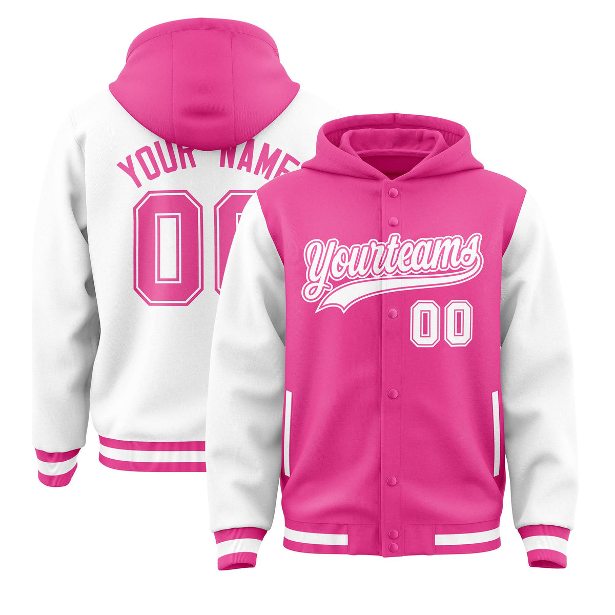 Custom Pink White Raglan Sleeves Varsity Full-Snap Letterman Two Tone Jacket Hoodie| KXKSHOP