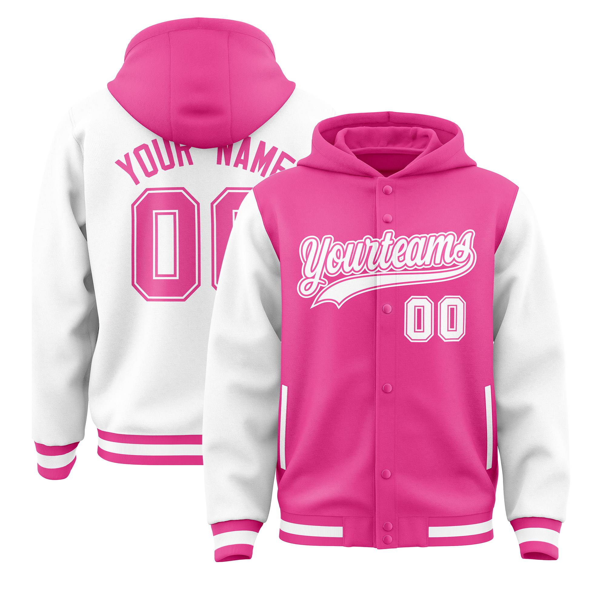 Custom Pink White Raglan Sleeves Varsity Full-Snap Letterman Two Tone Jacket Hoodie| KXKSHOP