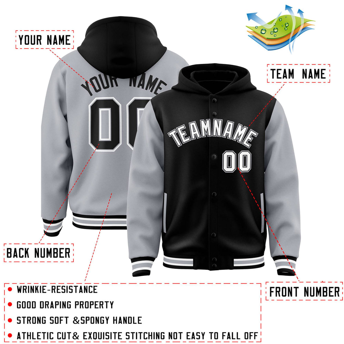 Custom Black Gray Raglan Sleeves Varsity Full-Snap Letterman Two Tone Jacket Hoodie| KXKSHOP