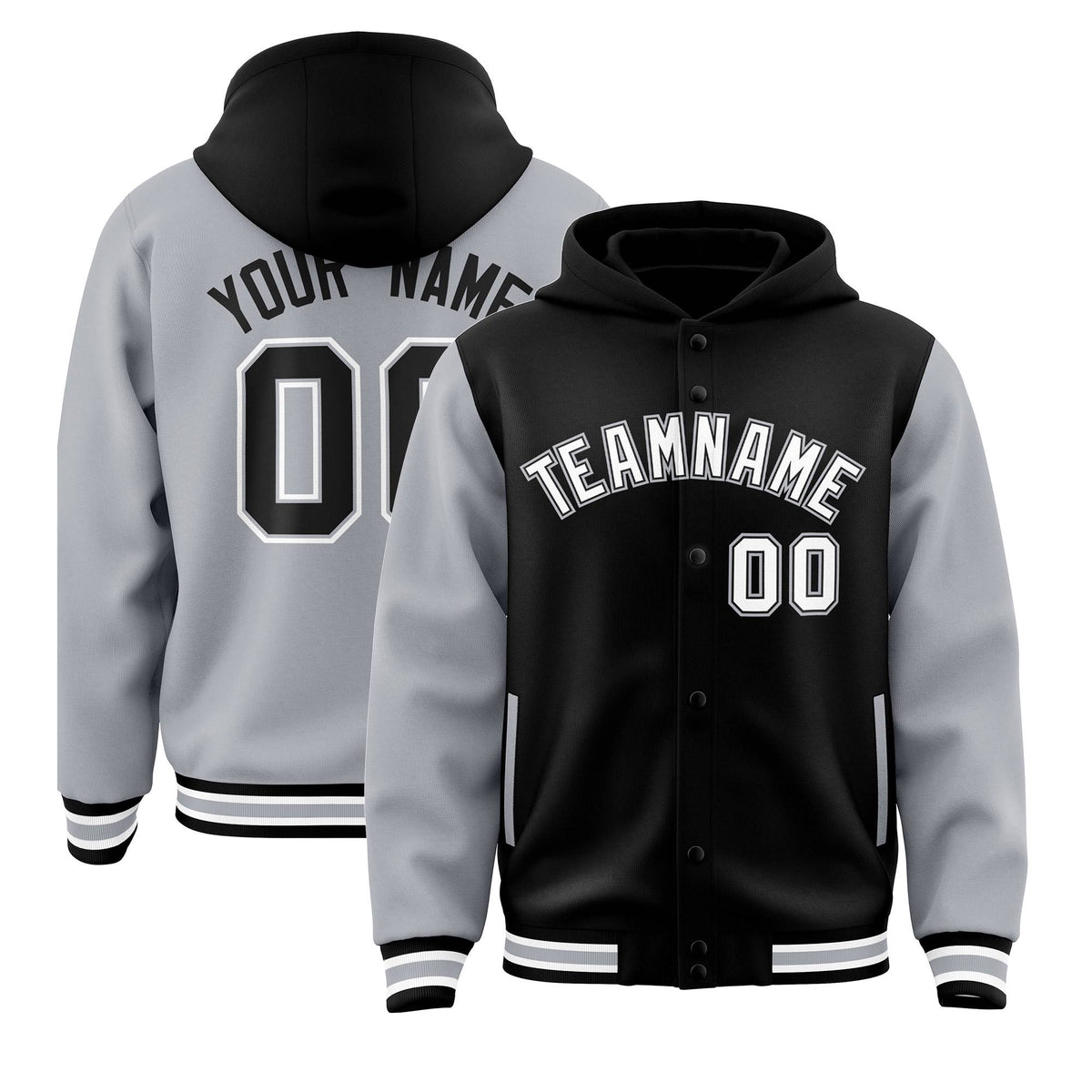 Custom Black Gray Raglan Sleeves Varsity Full-Snap Letterman Two Tone Jacket Hoodie| KXKSHOP