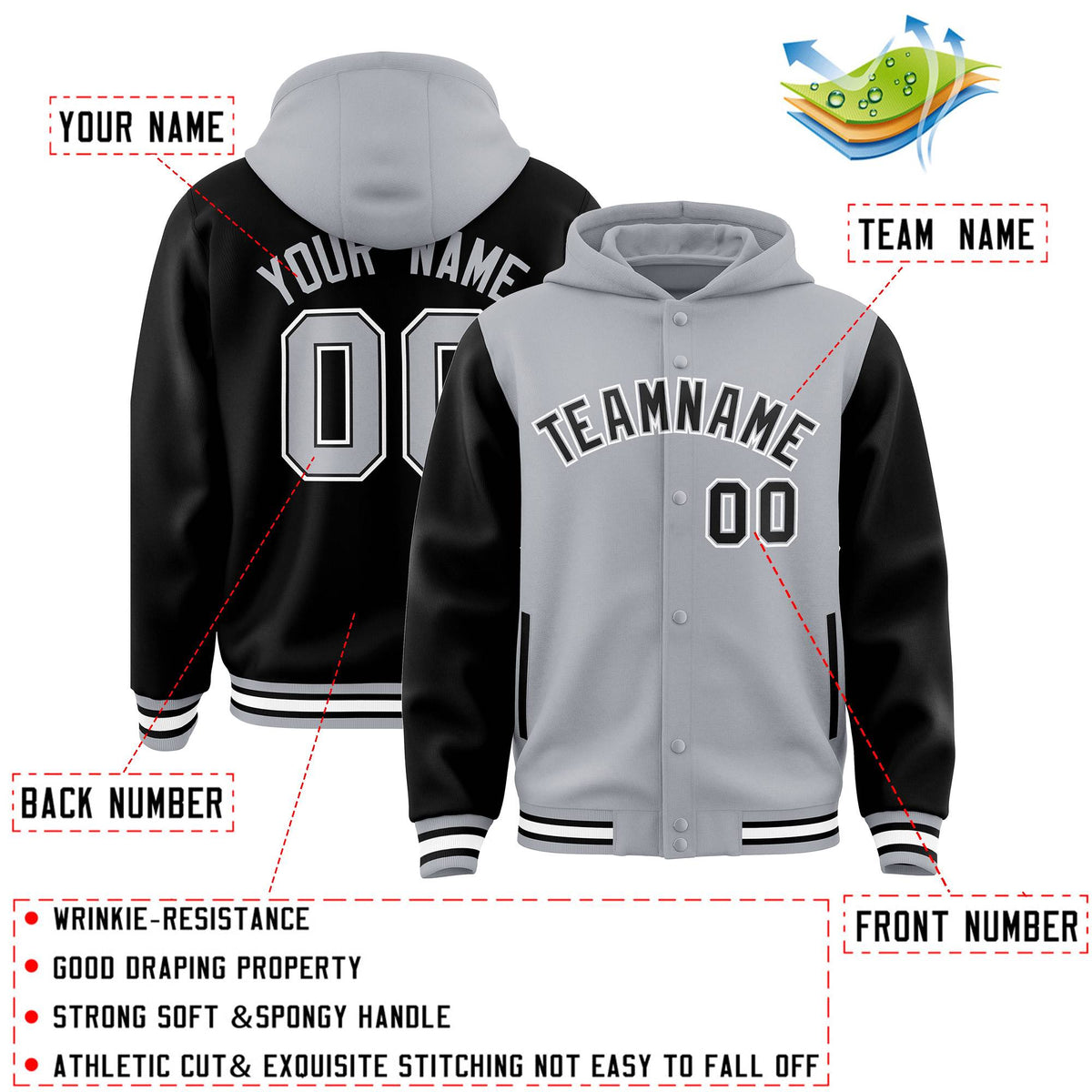 Custom Gray Black Raglan Sleeves Varsity Full-Snap Letterman Two Tone Jacket Hoodie| KXKSHOP