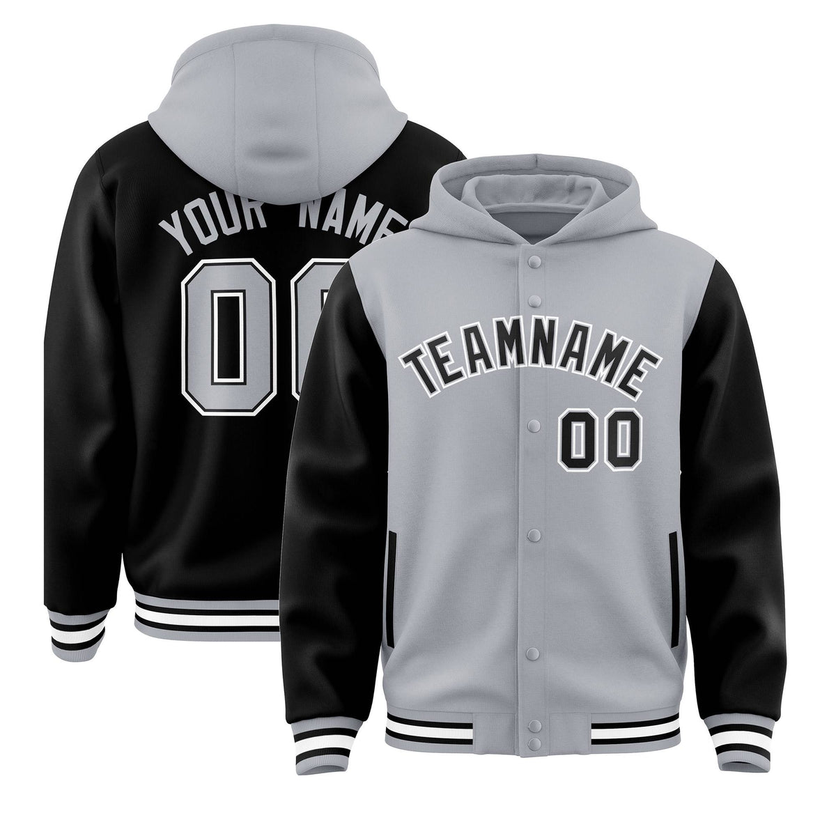 Custom Gray Black Raglan Sleeves Varsity Full-Snap Letterman Two Tone Jacket Hoodie| KXKSHOP