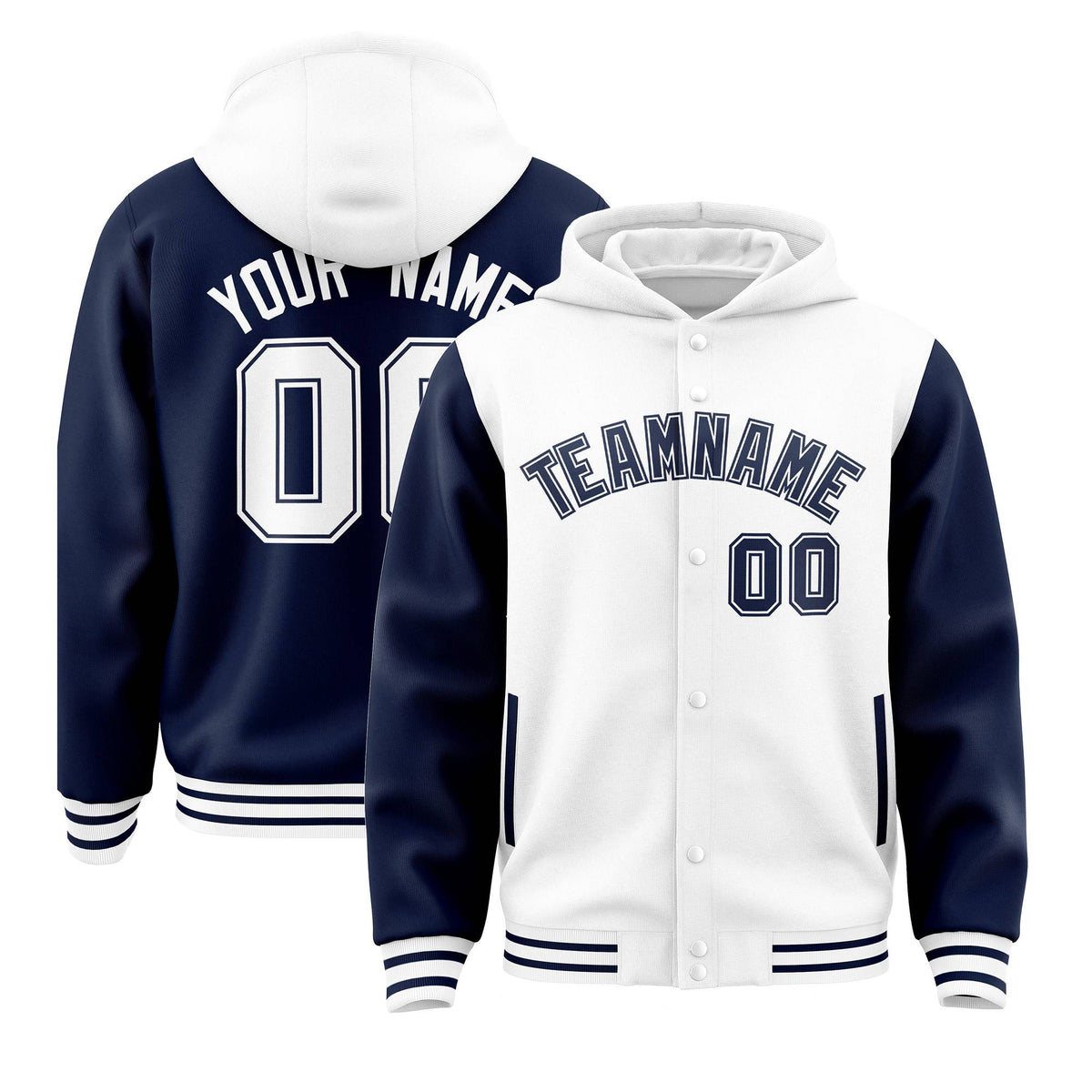 Custom White Navy Raglan Sleeves Varsity Full-Snap Letterman Two Tone Jacket Hoodie| KXKSHOP