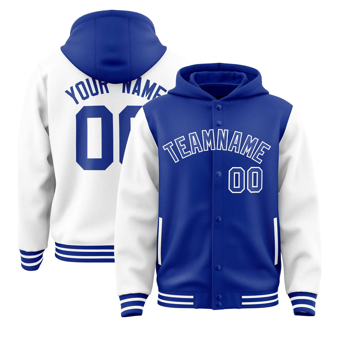 Custom Royal White Raglan Sleeves Varsity Full-Snap Letterman Two Tone Jacket Hoodie| KXKSHOP