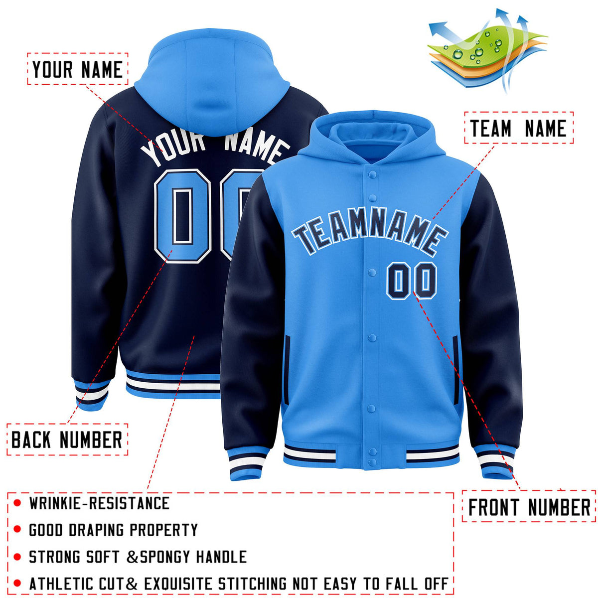 Custom Powder Blue Navy Raglan Sleeves Varsity Full-Snap Letterman Two Tone Jacket Hoodie| KXKSHOP