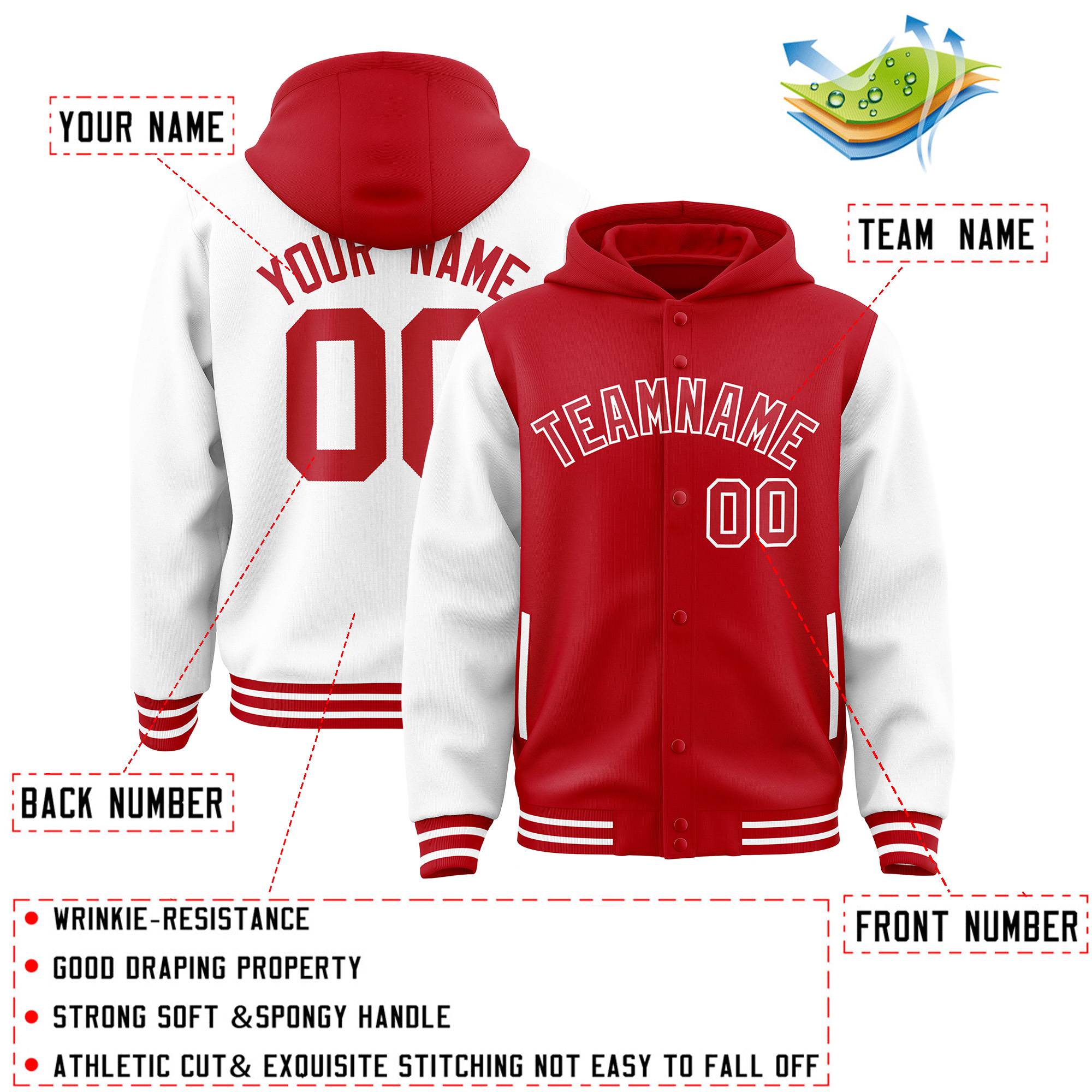 Custom Red White Raglan Sleeves Varsity Full-Snap Letterman Two Tone Jacket Hoodie| KXKSHOP