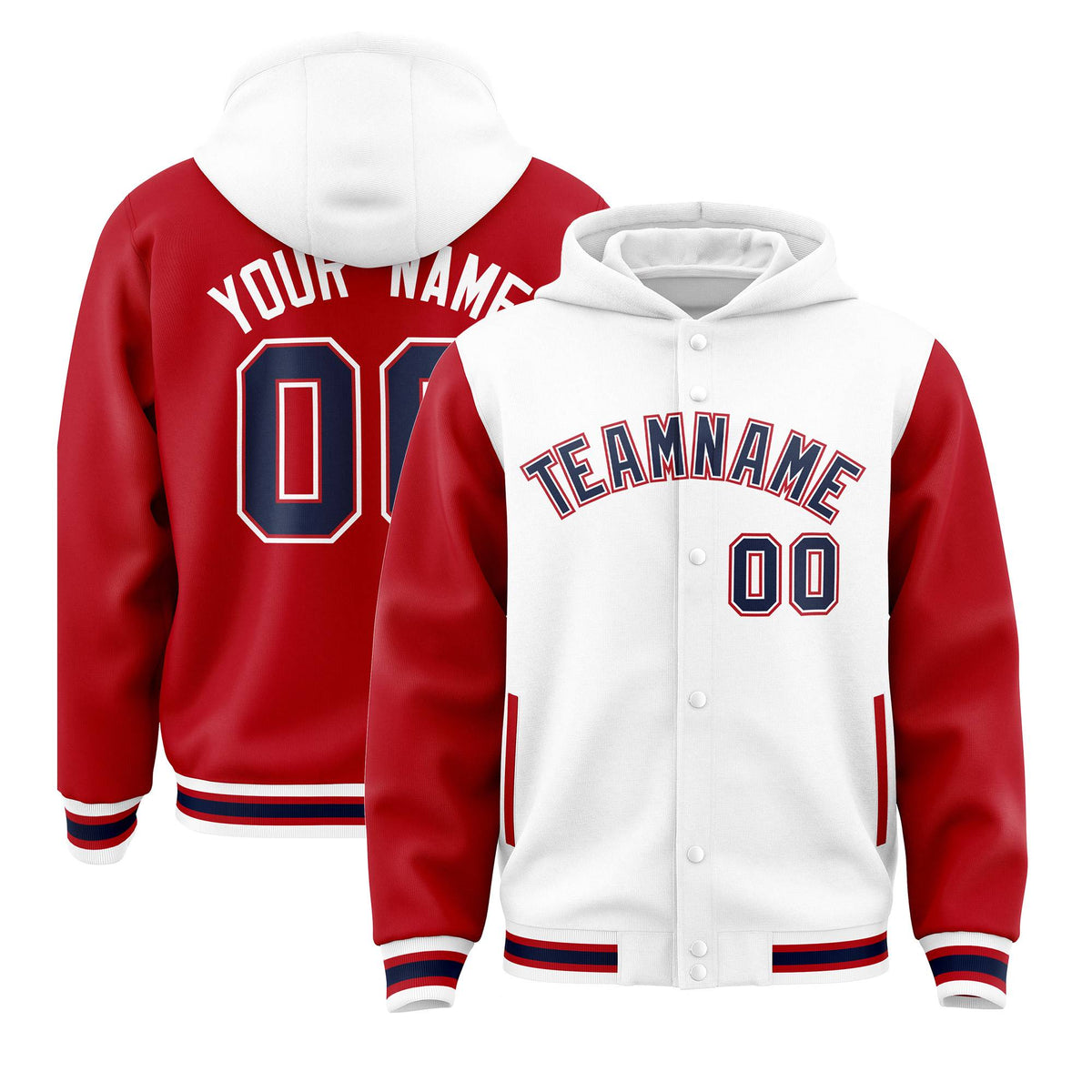 Custom White Red Raglan Sleeves Varsity Full-Snap Letterman Two Tone Jacket Hoodie| KXKSHOP