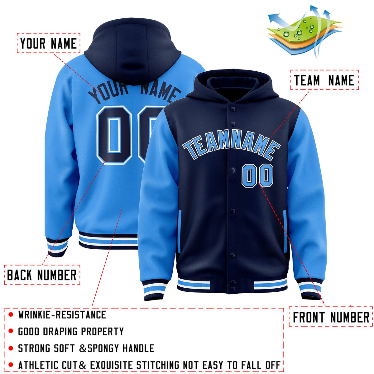 Custom Navy Powder Blue Raglan Sleeves Varsity Full-Snap Letterman Two Tone Jacket Hoodie| KXKSHOP