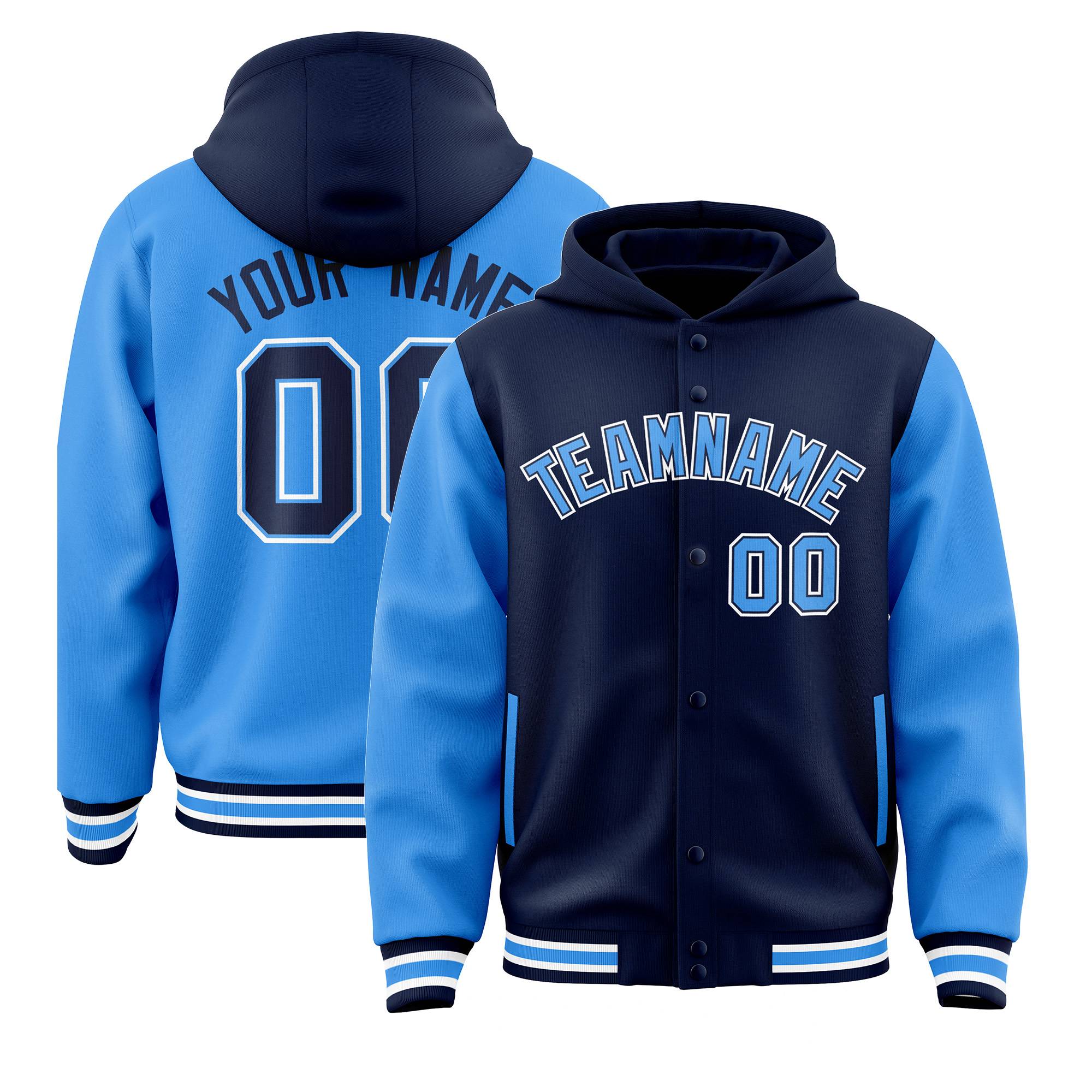 Custom Navy Powder Blue Raglan Sleeves Varsity Full-Snap Letterman Two Tone Jacket Hoodie| KXKSHOP