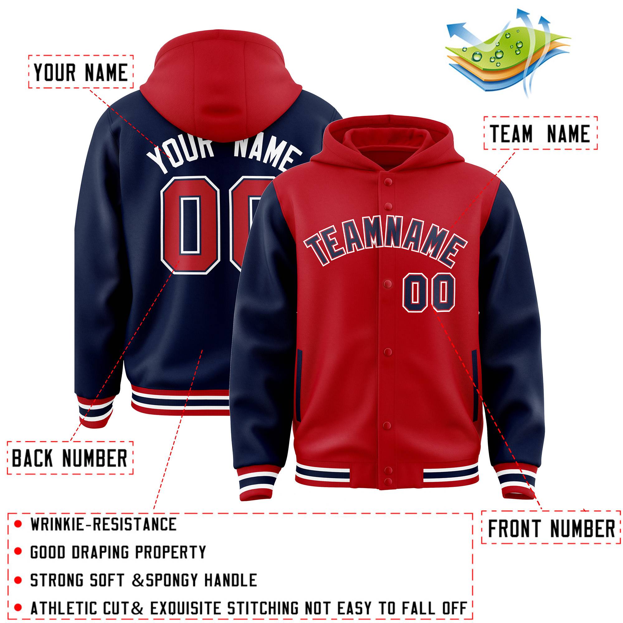 Custom Red Navy Raglan Sleeves Varsity Full-Snap Letterman Two Tone Jacket Hoodie| KXKSHOP