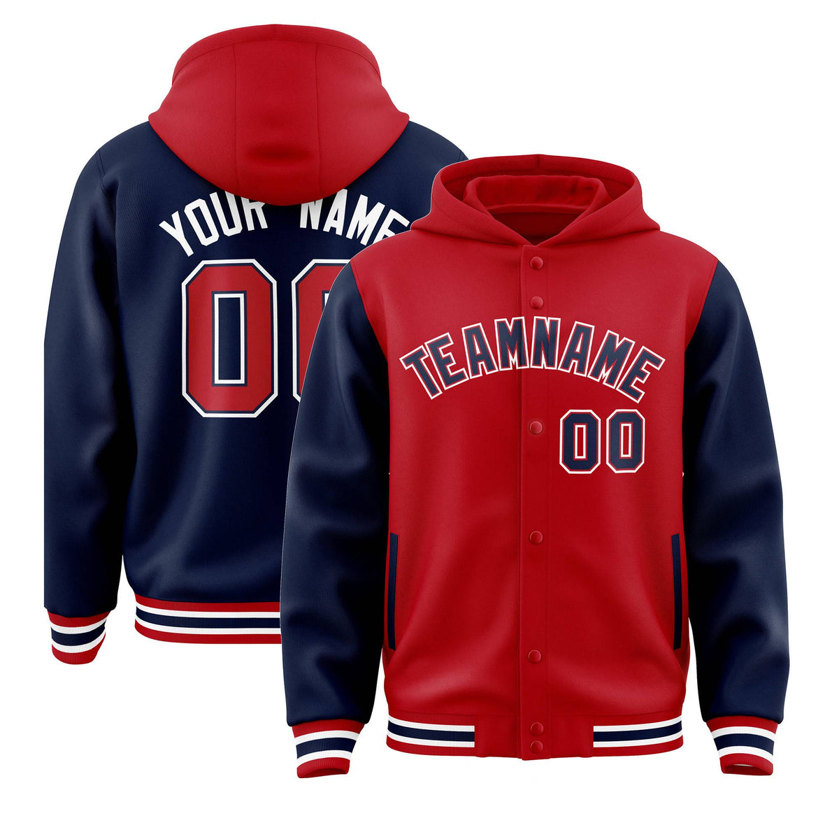 Custom Red Navy Raglan Sleeves Varsity Full-Snap Letterman Two Tone Jacket Hoodie| KXKSHOP
