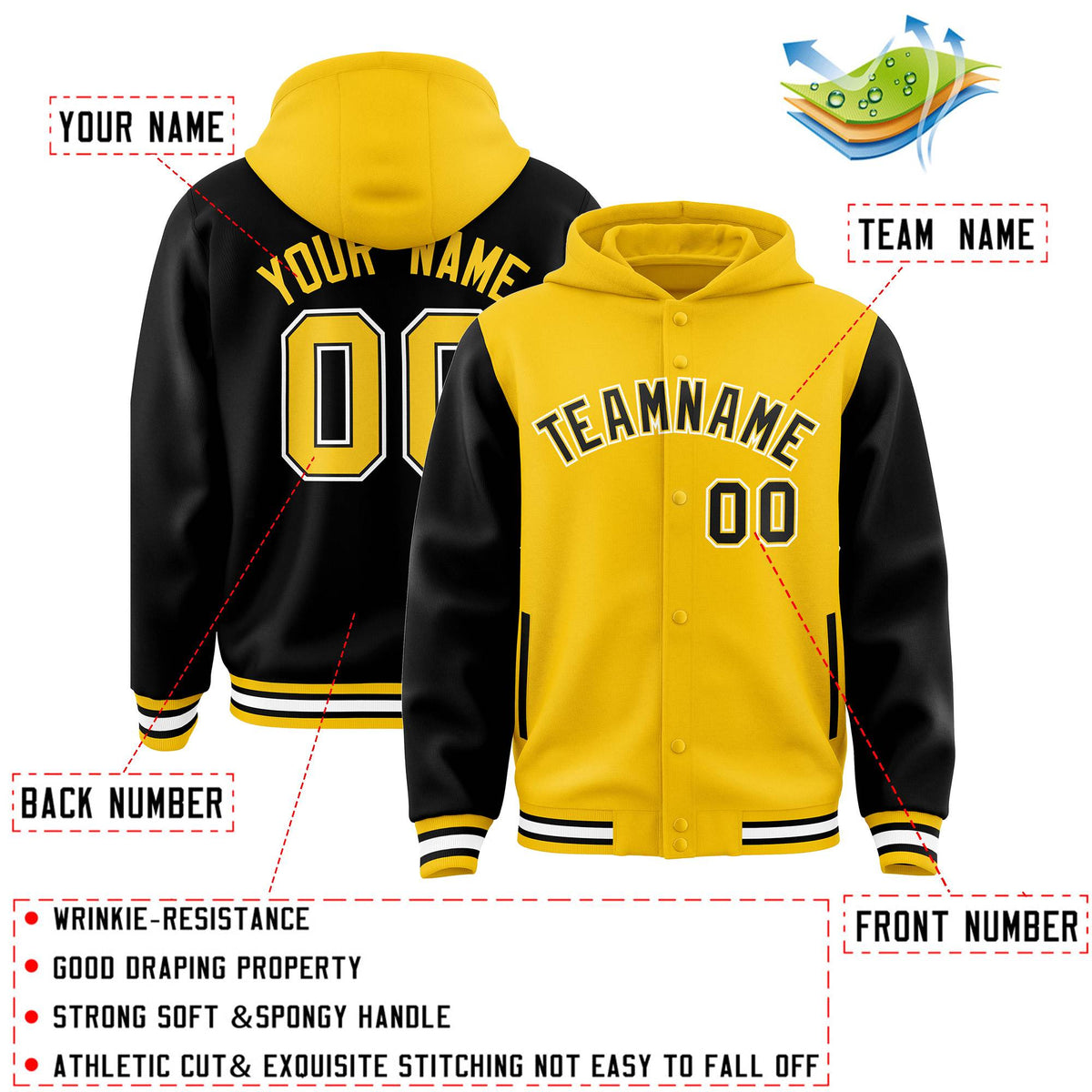 Custom Gold Black Raglan Sleeves Varsity Full-Snap Letterman Two Tone Jacket Hoodie| KXKSHOP
