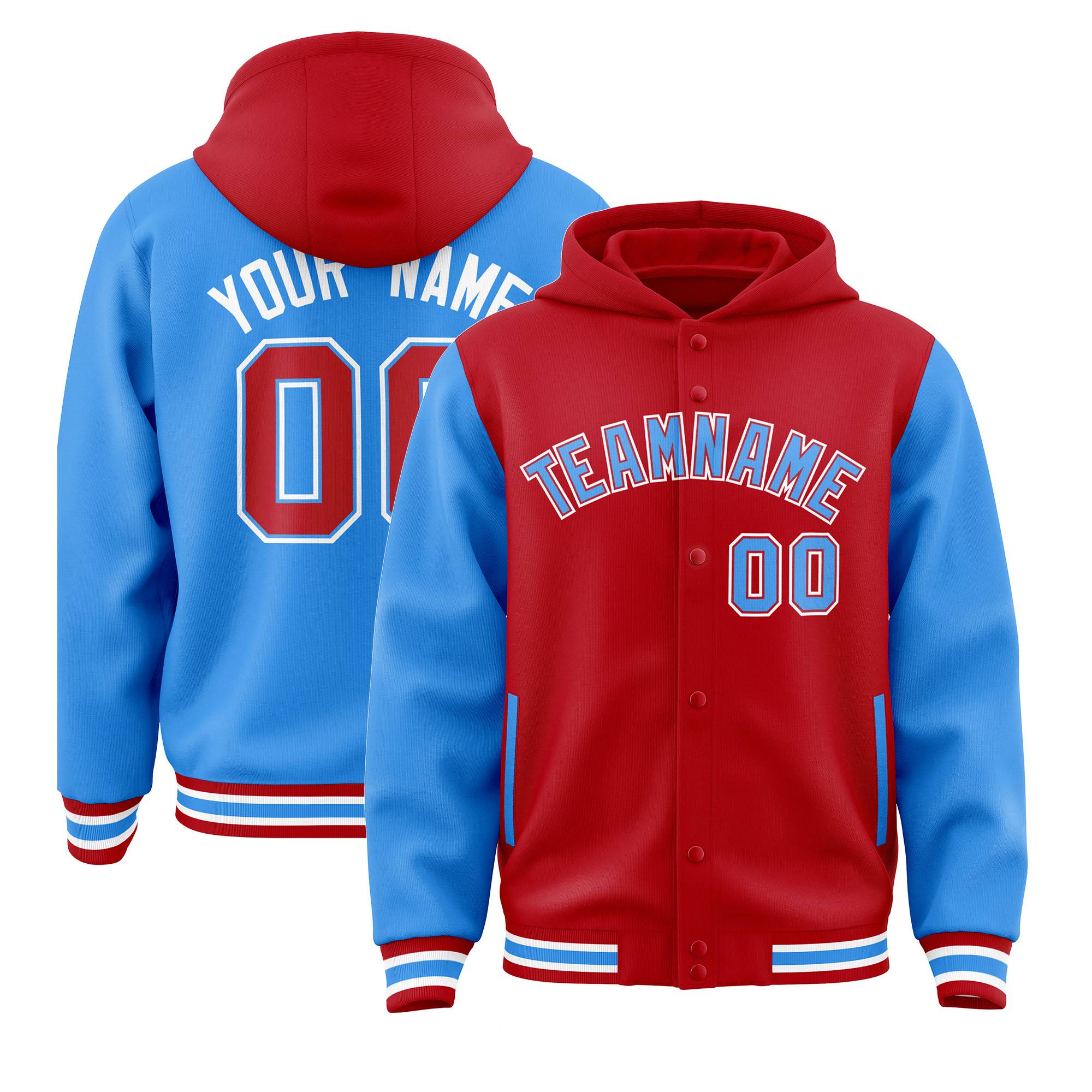 Custom Red Powder Blue Raglan Sleeves Varsity Full-Snap Letterman Two Tone Jacket Hoodie| KXKSHOP