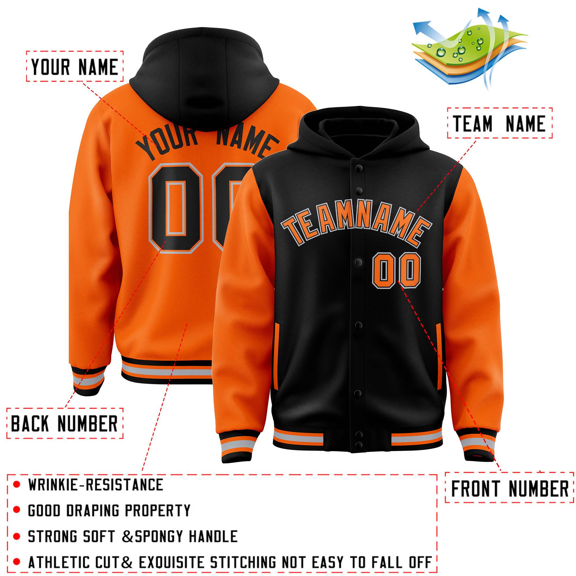Custom Black Orange Raglan Sleeves Varsity Full-Snap Letterman Two Tone Jacket Hoodie| KXKSHOP