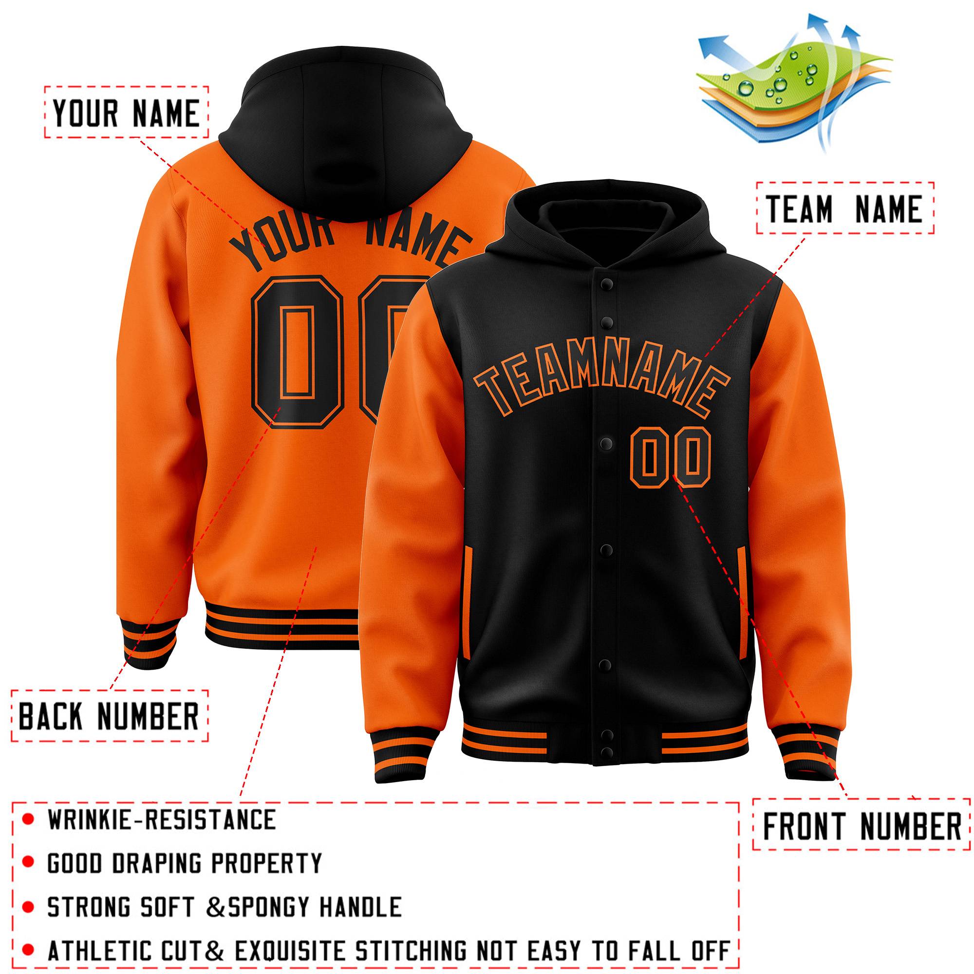 Custom Black Orange Raglan Sleeves Varsity Full-Snap Letterman Two Tone Jacket Hoodie| KXKSHOP
