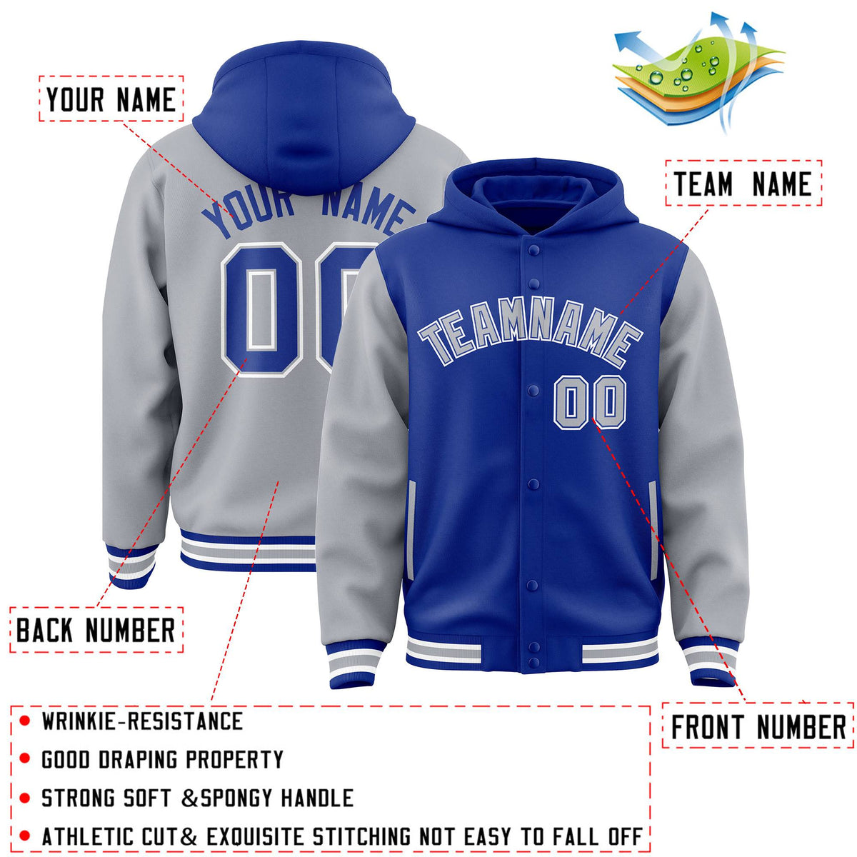 Custom Royal Gray Raglan Sleeves Varsity Full-Snap Letterman Two Tone Jacket Hoodie| KXKSHOP
